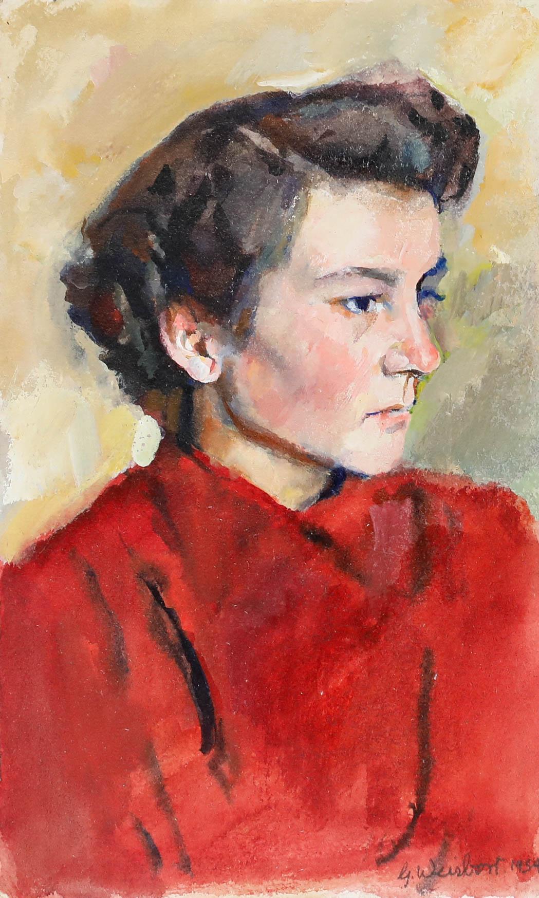 George Inness (1928-2013) - Gouache de 1954, Dame en rouge - Art de George Weissbort