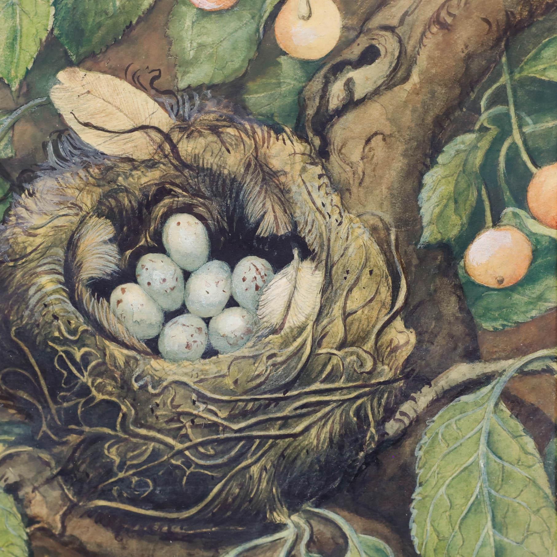 A charming early 20th-century watercolour by the artist Karl Müller-Liedeck depicting a carefully woven bird's nest cradling several pale blue eggs, nestled amongst lush green foliage and the delicate branches of an apple tree. Signed to the lower