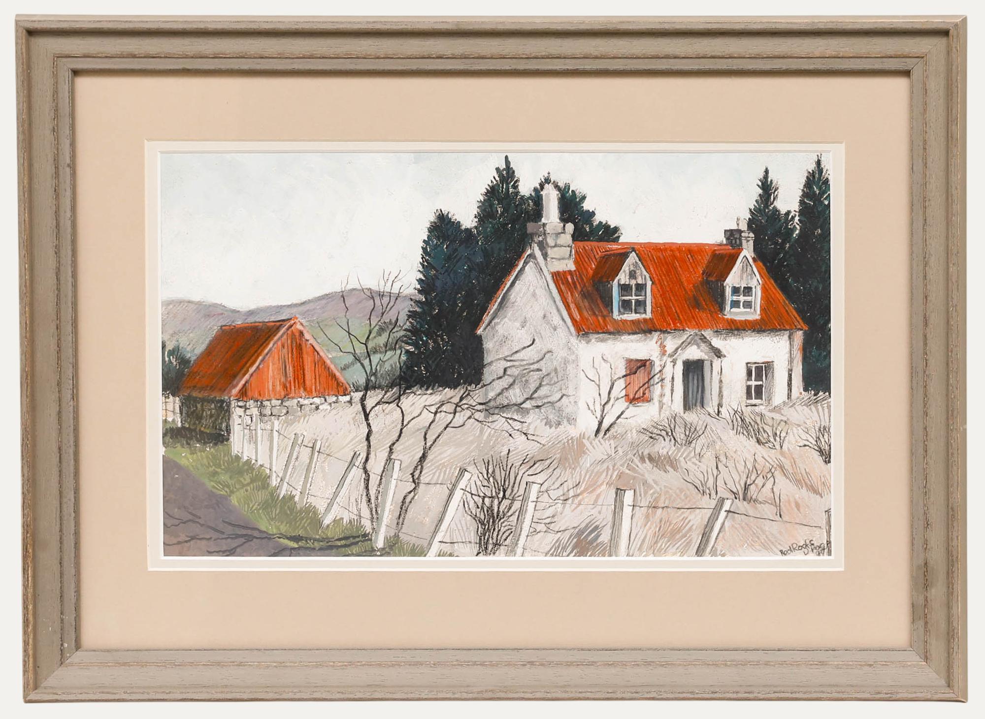 Dione Page (1936-2021) Tejados rojos, gouache y pastel. Firmado, titulado y fechado en el 99. Se presenta en un marco de estilo contemporáneo con doble tarjeta de montaje. Sobre el papel. 
