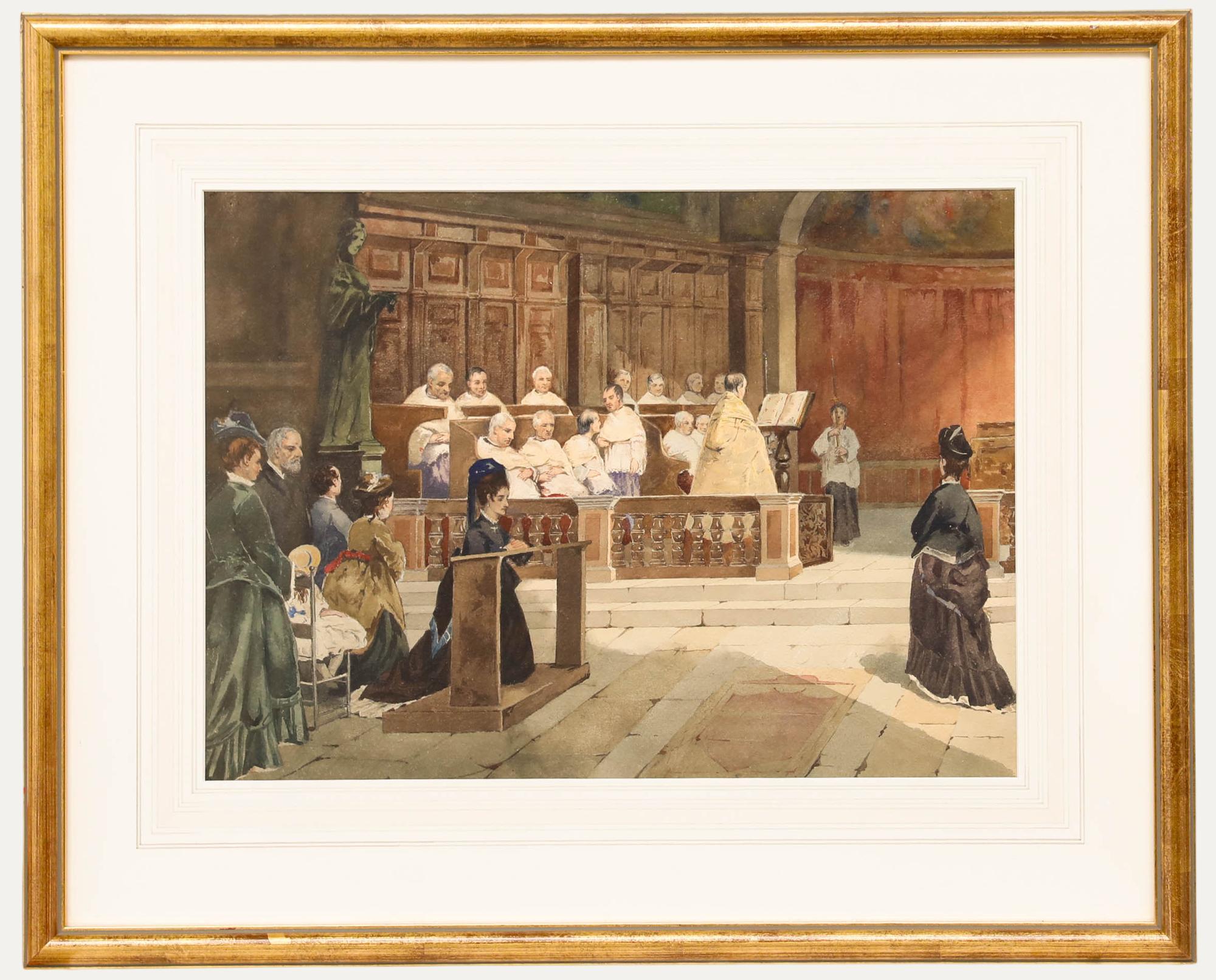 Questo suggestivo dipinto di Hamilton Maxwell raffigura una scena solenne all'interno di un ambiente ecclesiastico ornato, concentrandosi su un gruppo di figure in preghiera. L'artista cattura magistralmente l'atmosfera attraverso un uso sottile di