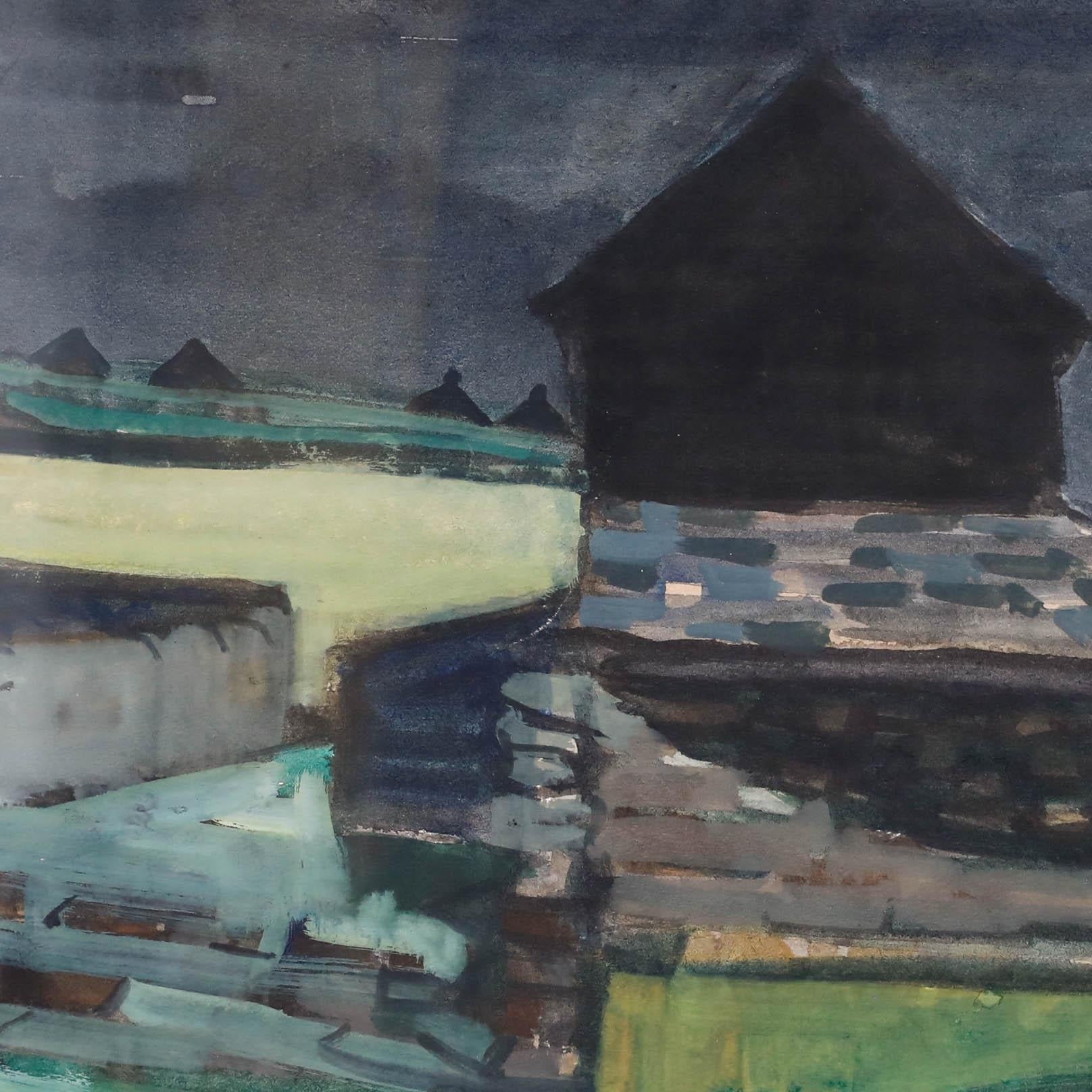 Una deliziosa illustrazione della metà del XX secolo dell'artista Thomas William Ward (1918-2000) che raffigura una scena rurale notturna. Firmato a matita in basso a destra. Inoltre è firmato e intitolato con un adesivo dello Studio A sul retro.