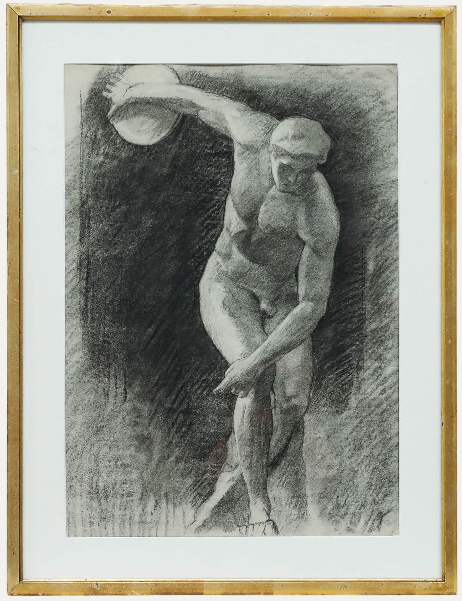 A sensitive study of Myron's 'Discobolus' by the artist Pierre Neveu (b.1929). Unsigned. Handsomely presented in a gilt frame with a white card mount. On laid.