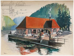 Pierre Neveu (b.1929) - Mid 20th Century Gouache, Cafe by the River