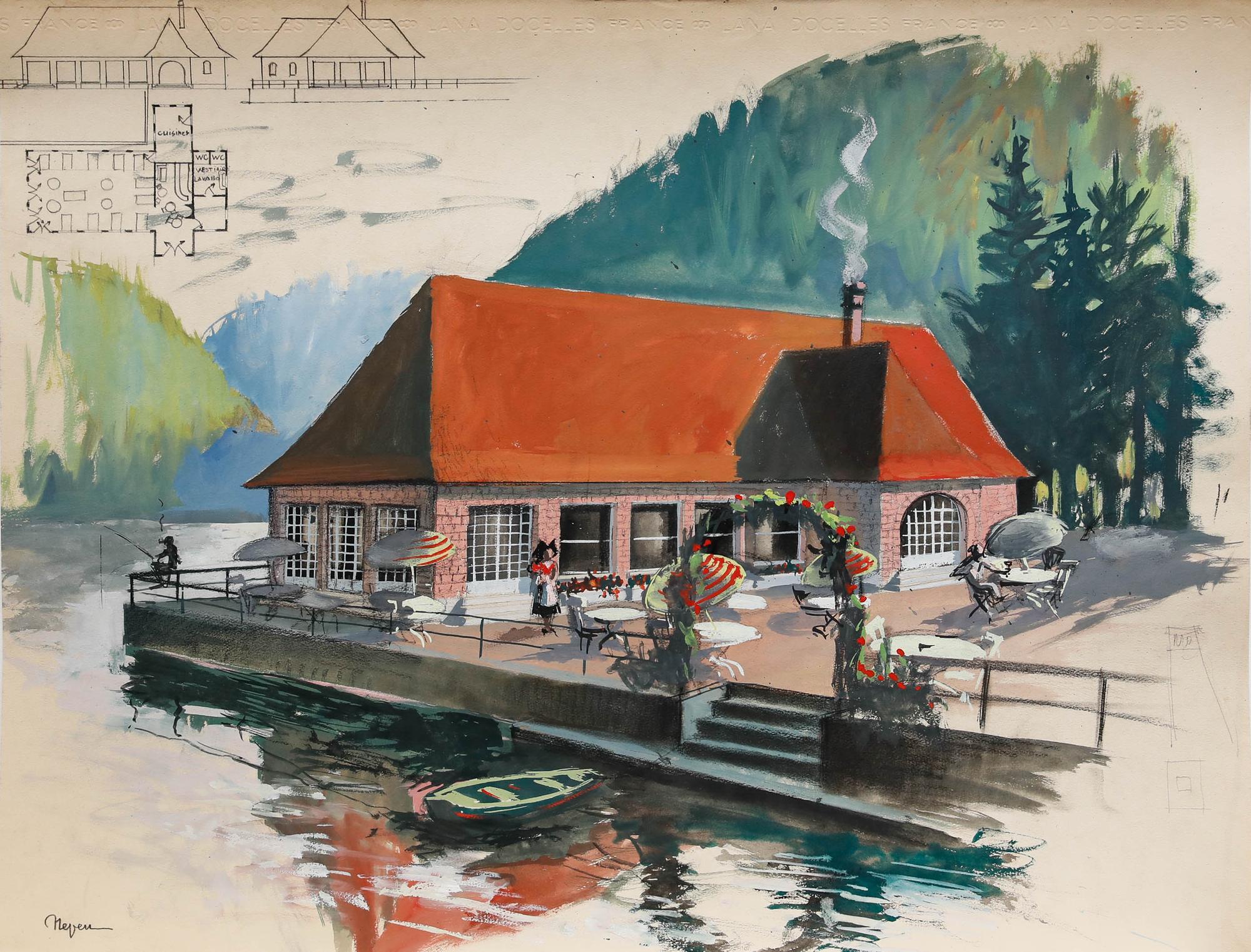 Pierre Neveu (b.1929) - Mid 20th Century Gouache, Cafe by the River For Sale 1