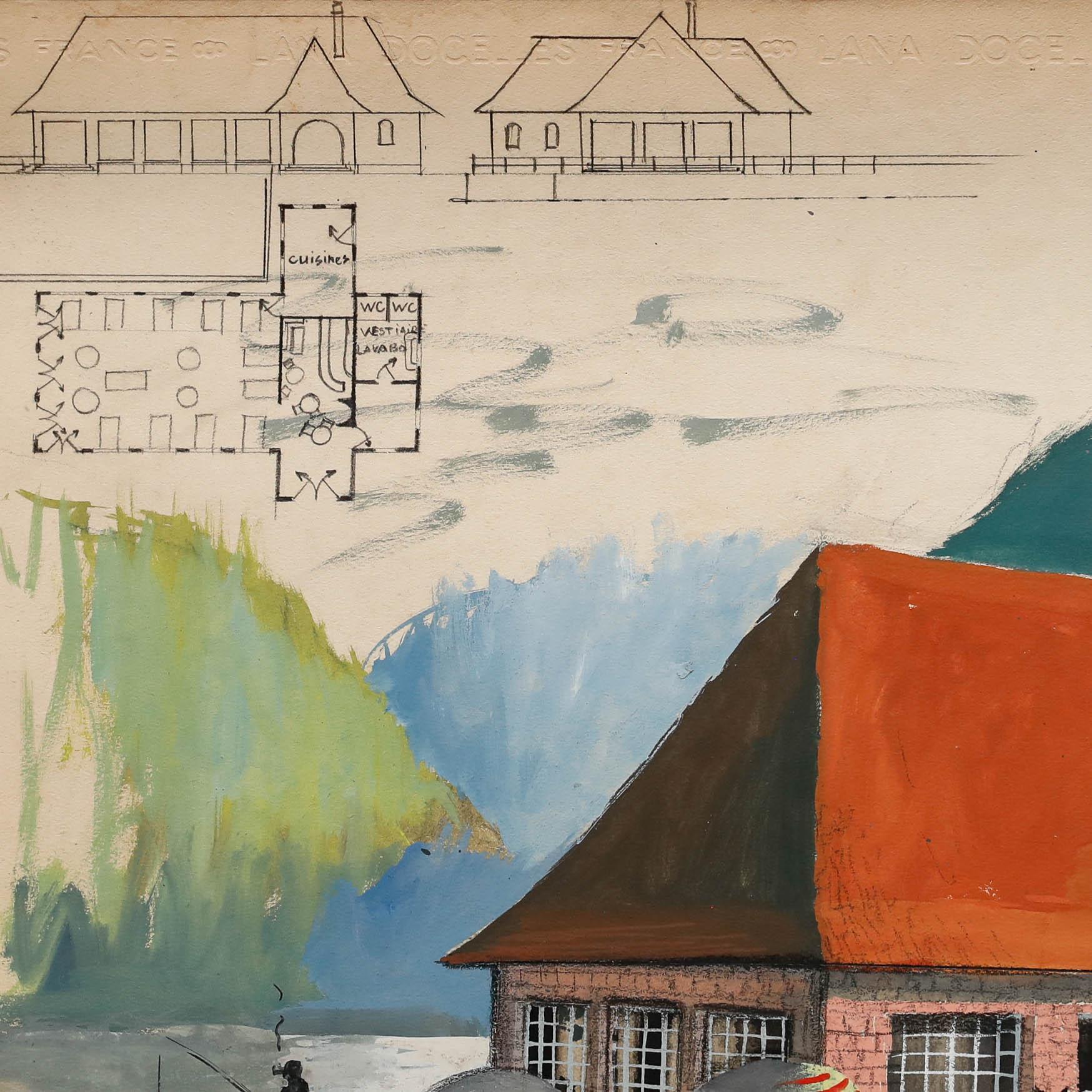 Pierre Neveu (b.1929) - Mid 20th Century Gouache, Cafe by the River For Sale 2