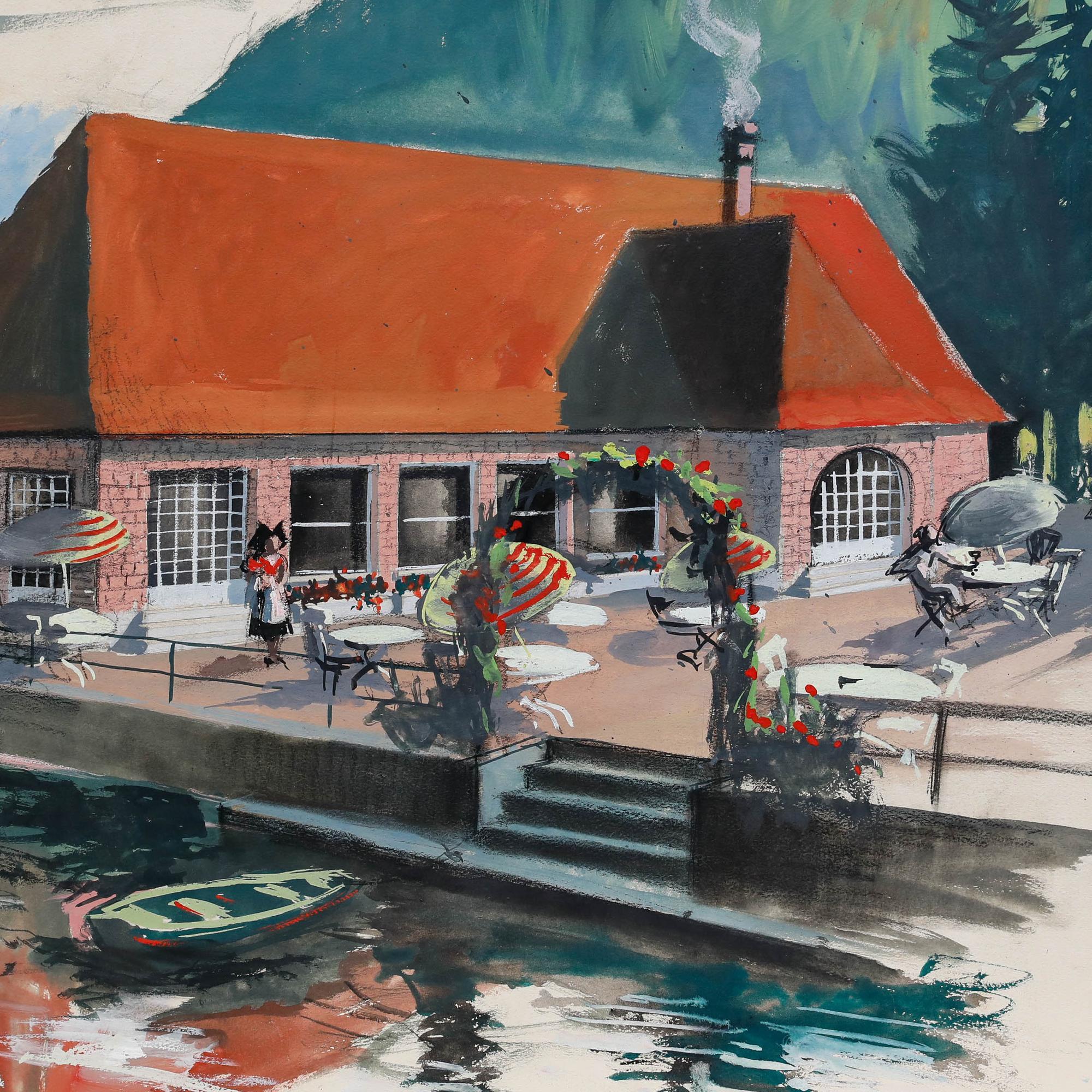 Pierre Neveu (b.1929) - Mid 20th Century Gouache, Cafe by the River For Sale 3