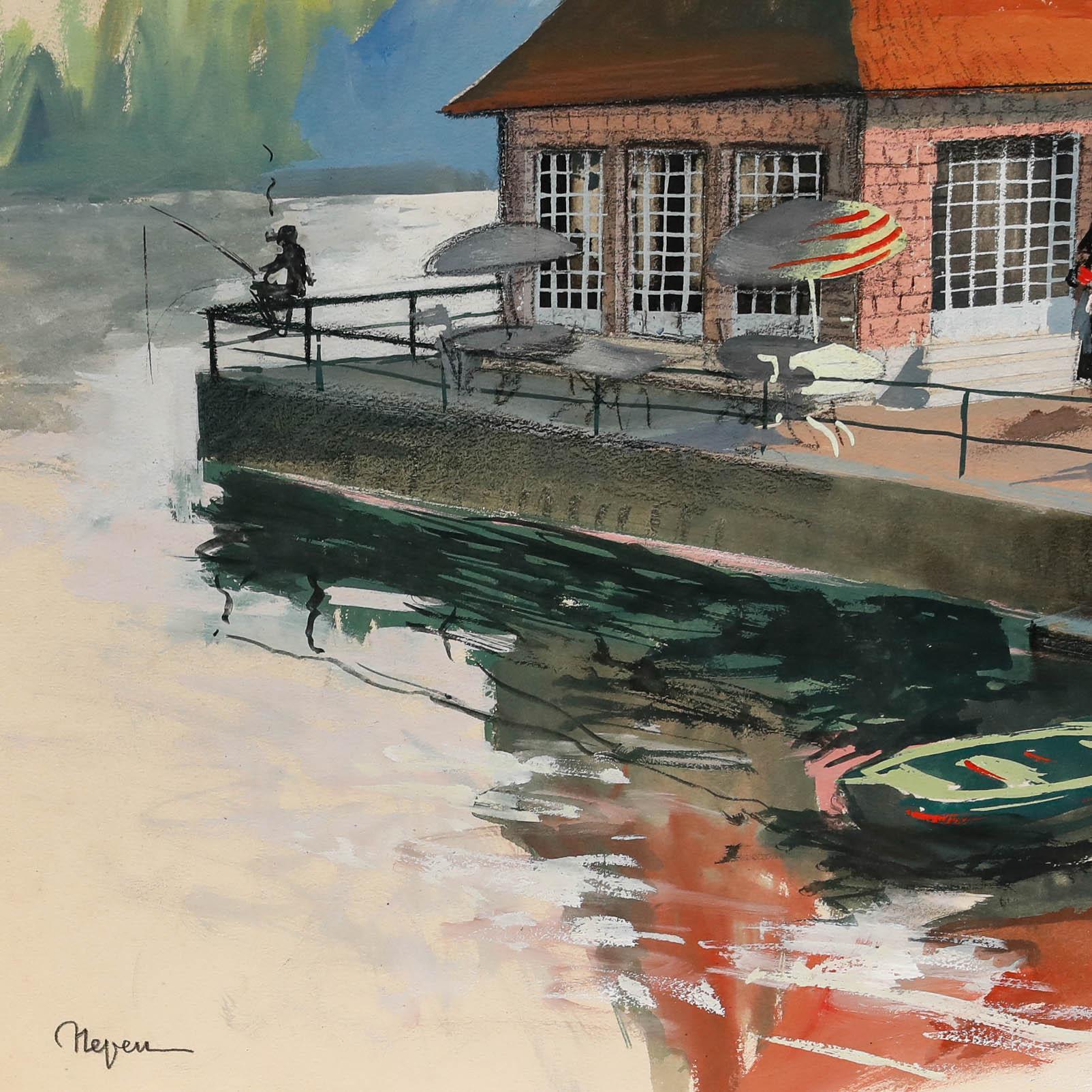 Pierre Neveu (b.1929) - Mid 20th Century Gouache, Cafe by the River For Sale 4