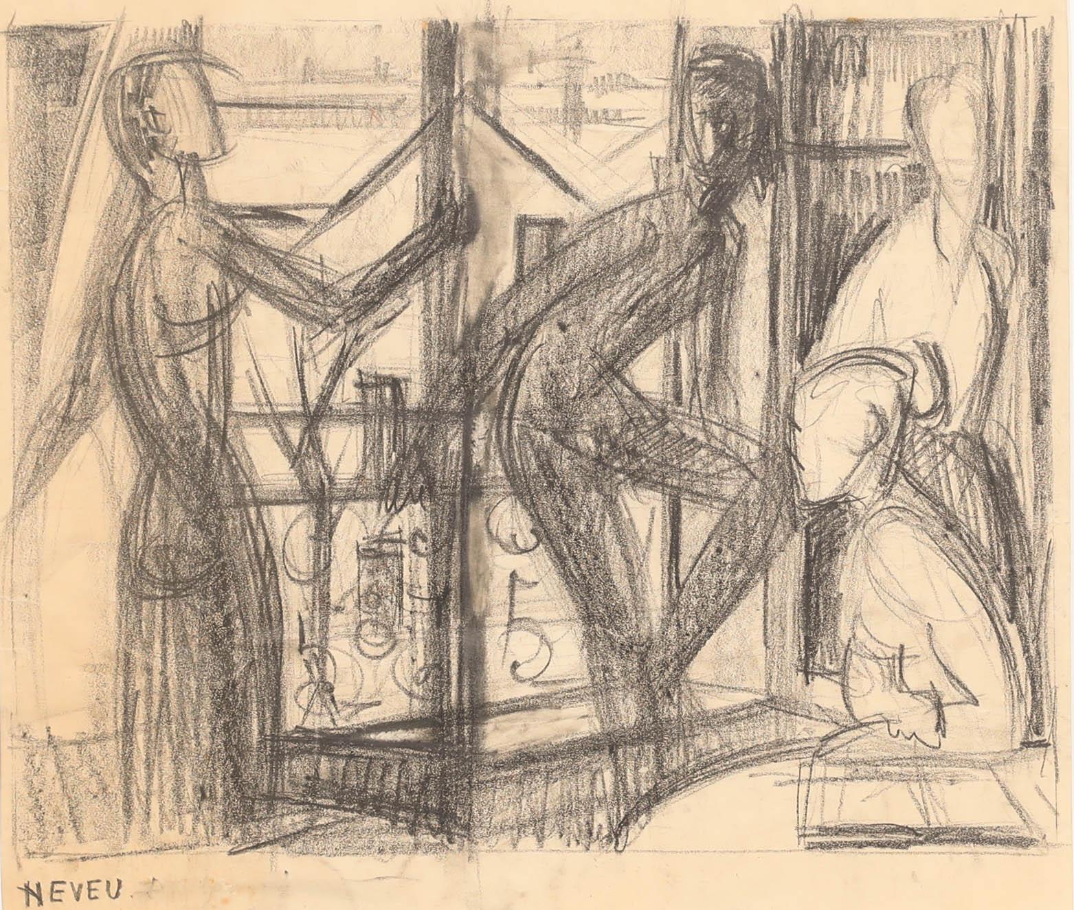 Pierre Neveu (b.1929) - Mid 20th Century Charcoal Drawing, Full House For Sale 1