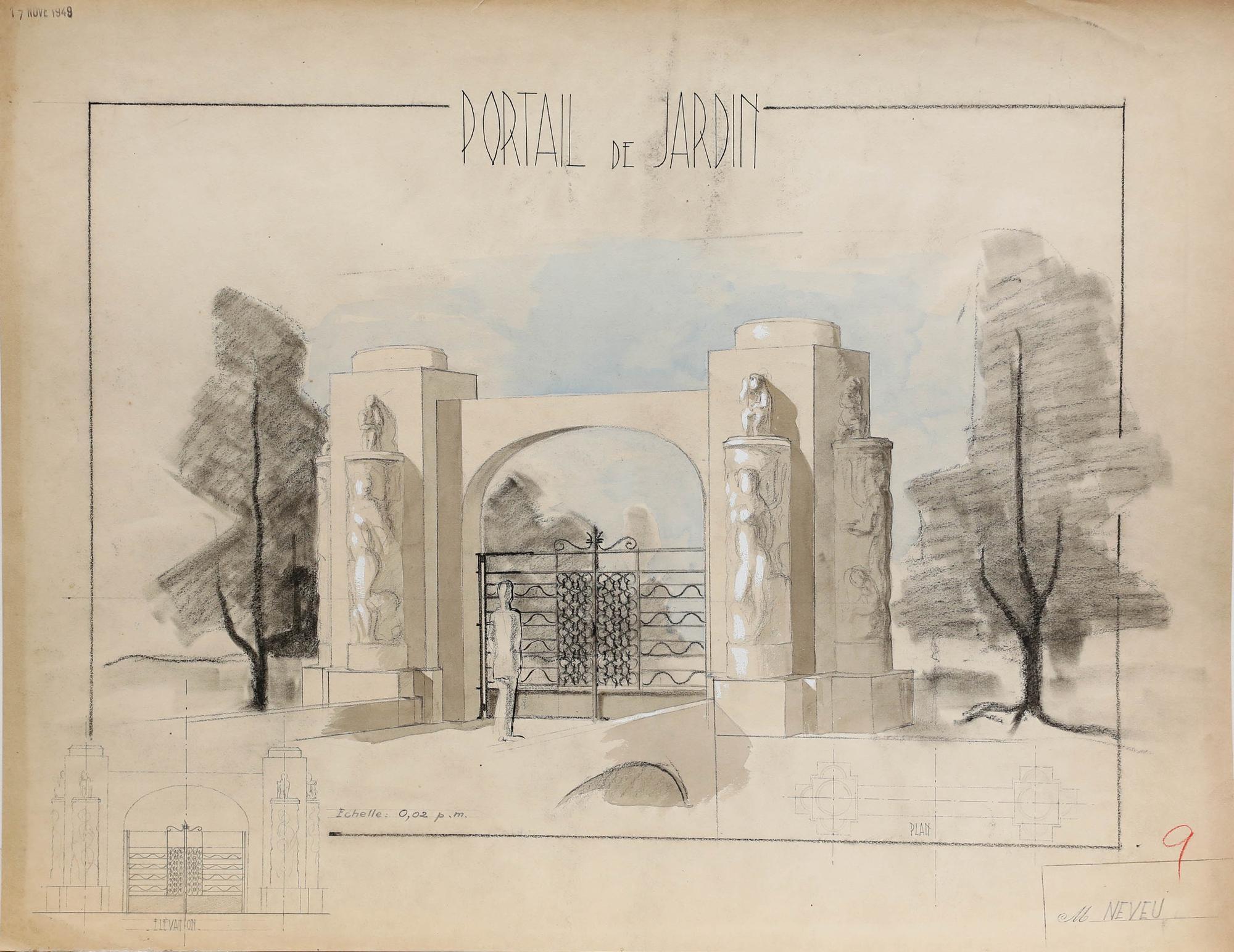 Pierre Neveu (b.1929) - 1949 Gouache, Garden Gate For Sale 1