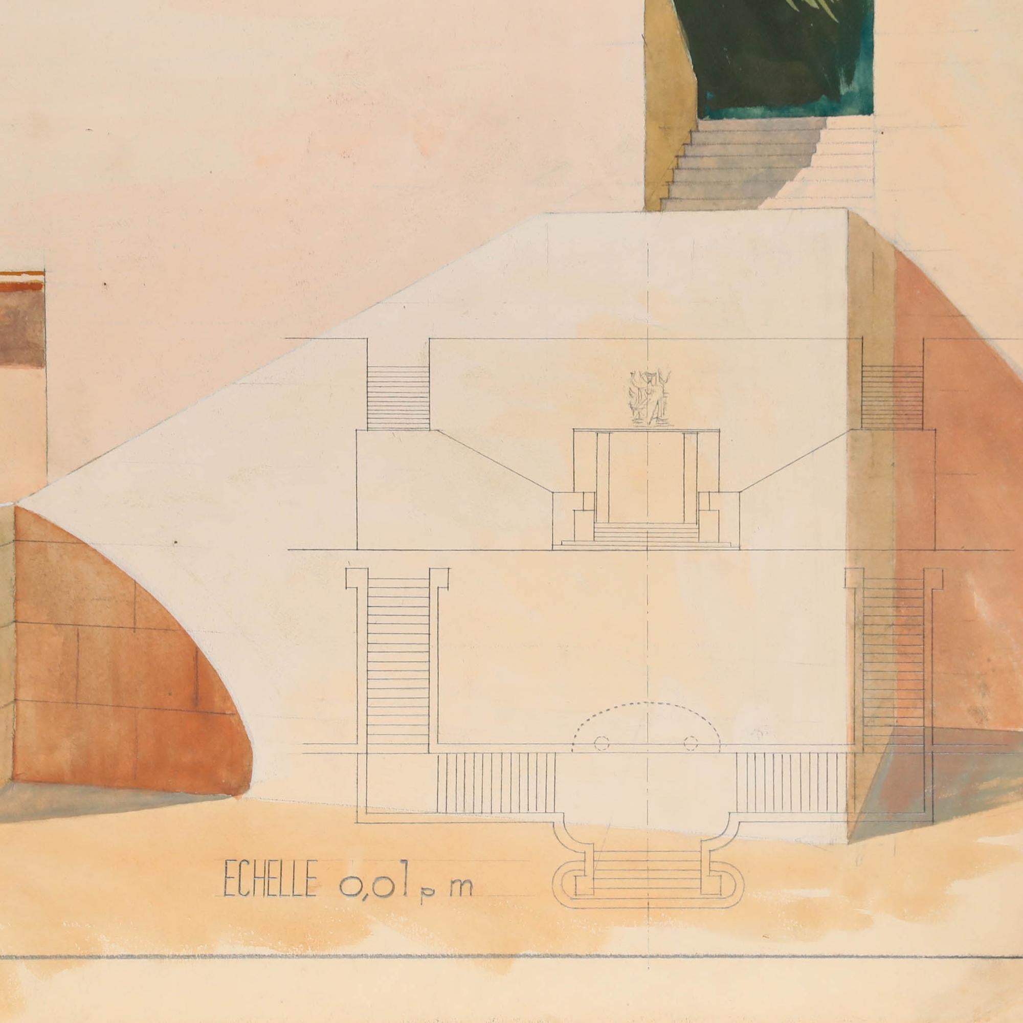 Pierre Neveu (b.1929) - Mid 20th Century Gouache, Entrance to the Terrace For Sale 3