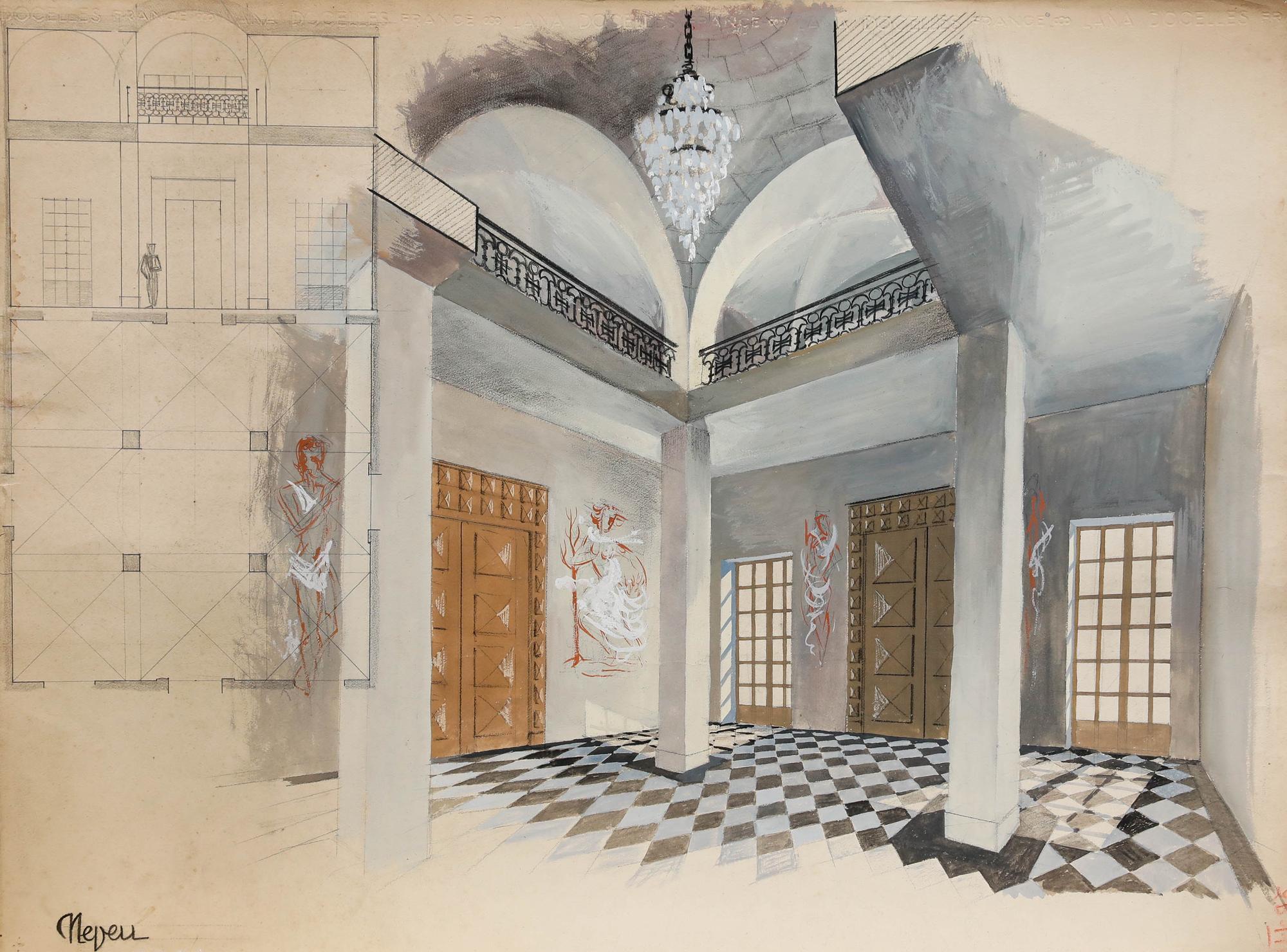 Pierre Neveu (b.1929) - Mid 20th Century Gouache, The Foyer For Sale 1