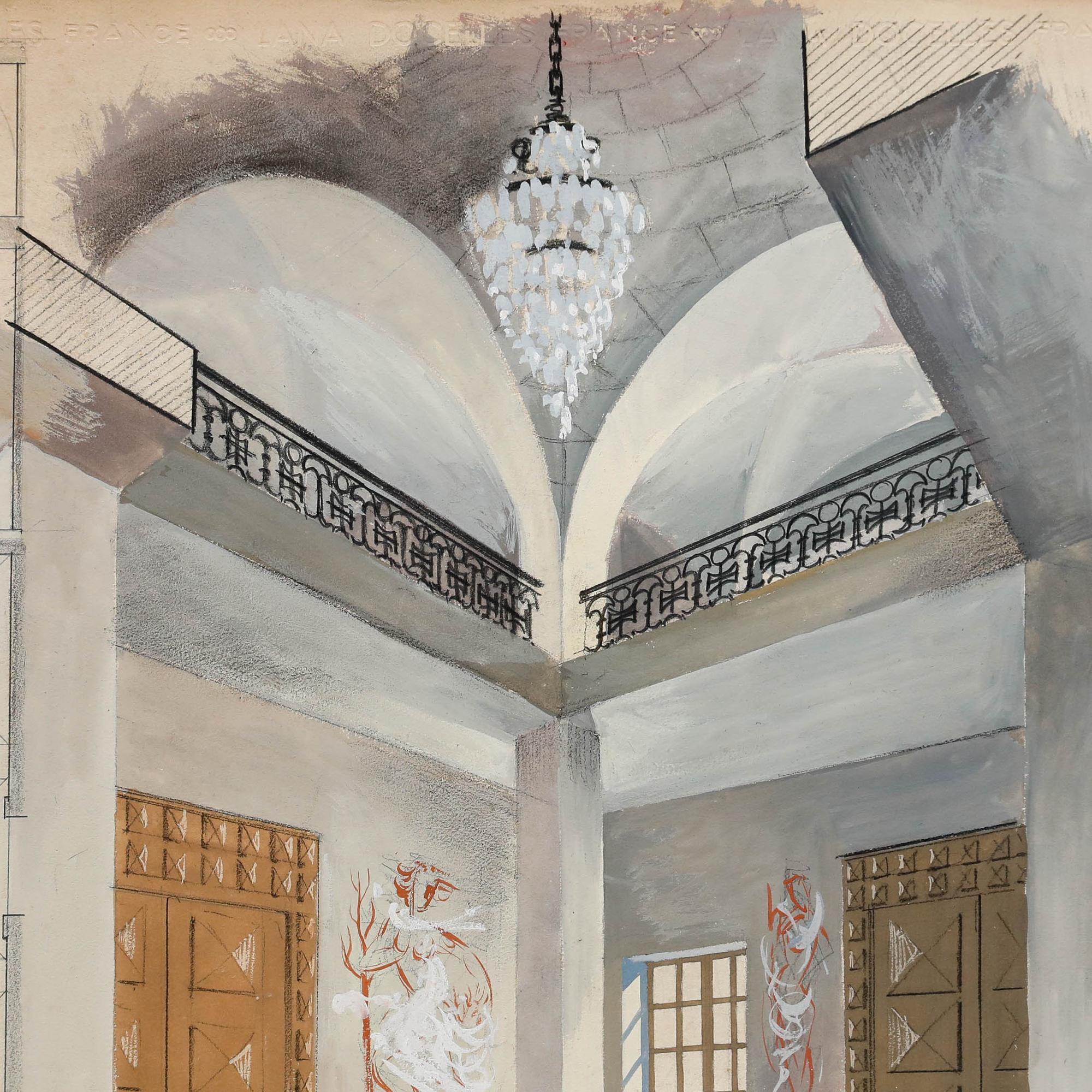 Pierre Neveu (b.1929) - Mid 20th Century Gouache, The Foyer For Sale 2