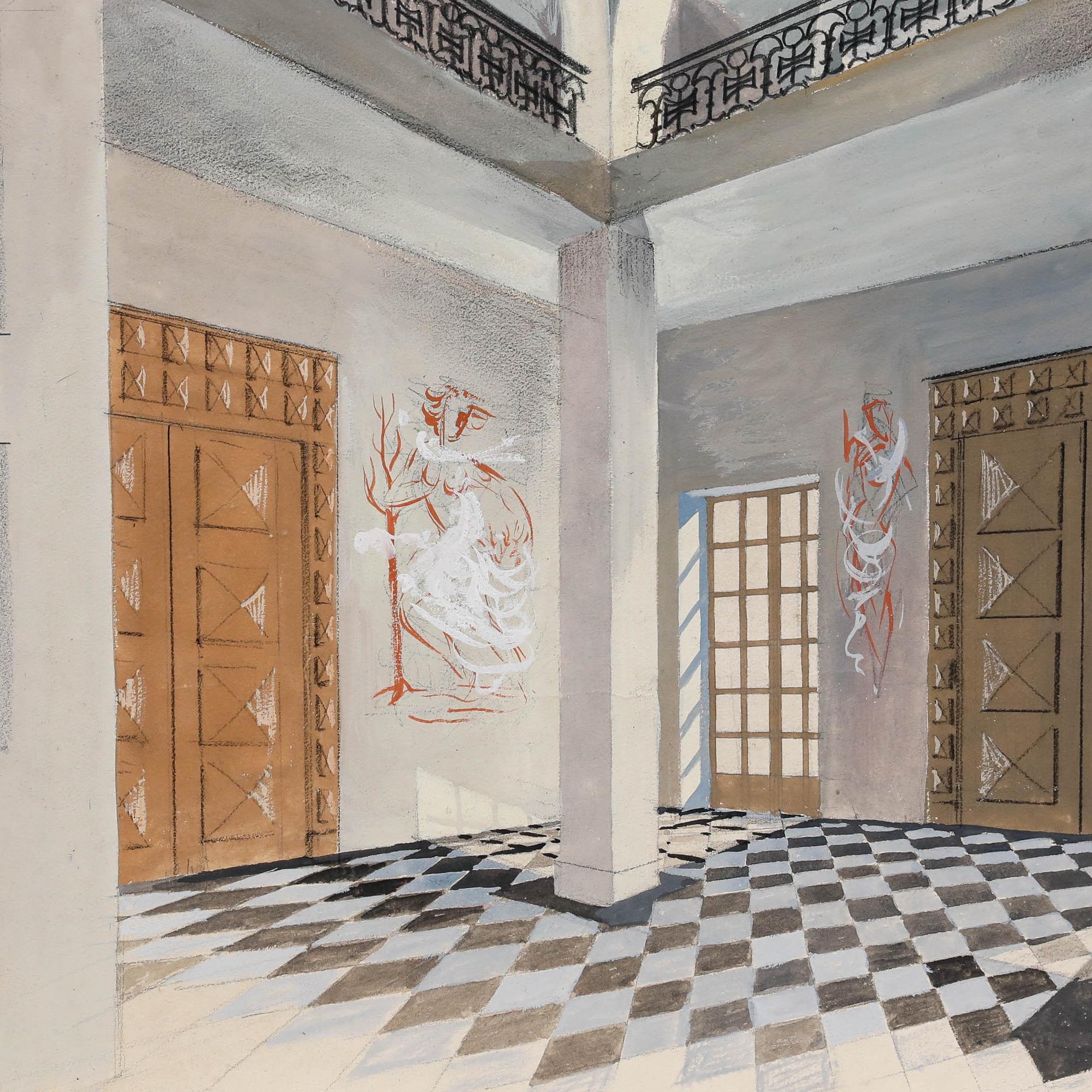 Pierre Neveu (b.1929) - Mid 20th Century Gouache, The Foyer For Sale 3