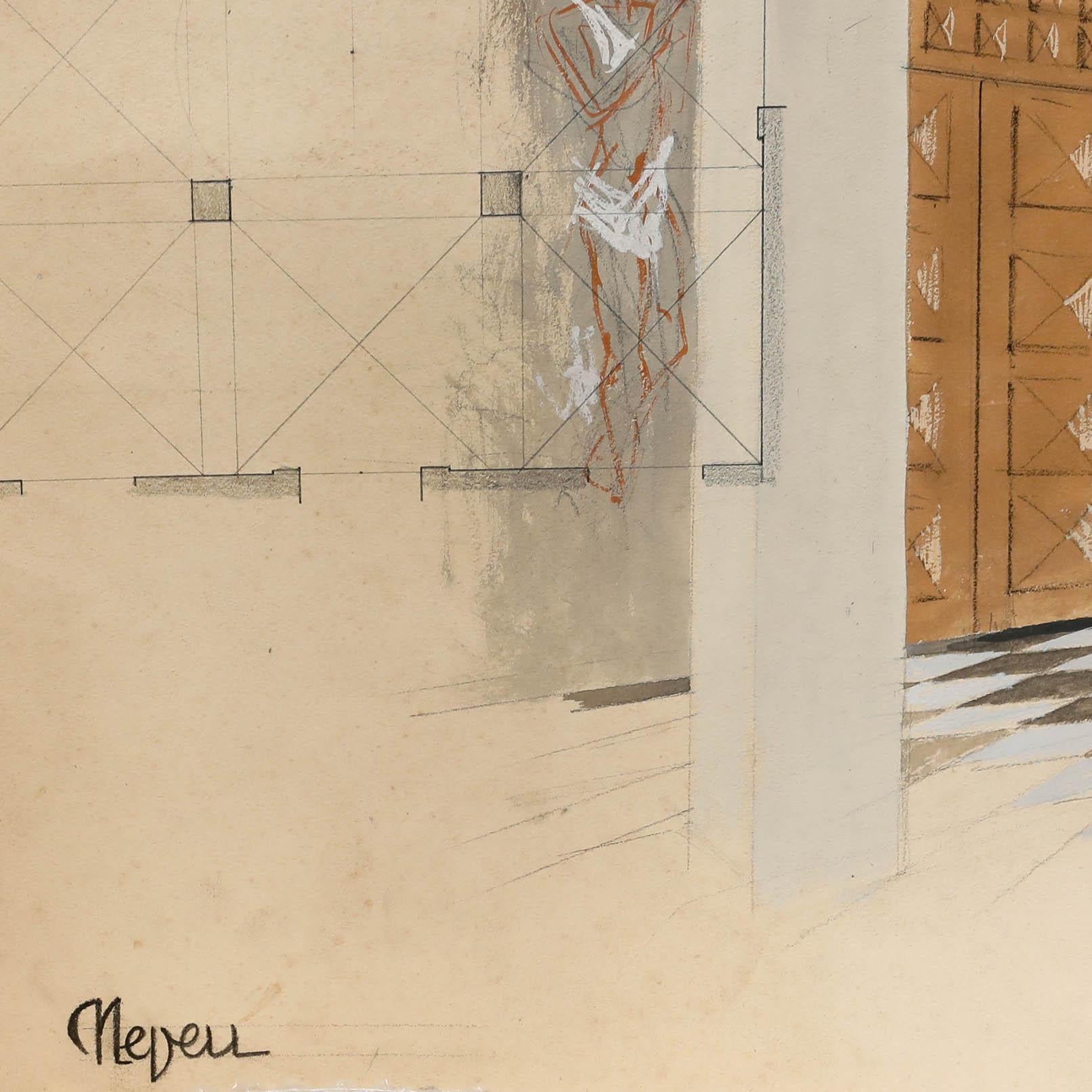 Pierre Neveu (b.1929) - Mid 20th Century Gouache, The Foyer For Sale 4