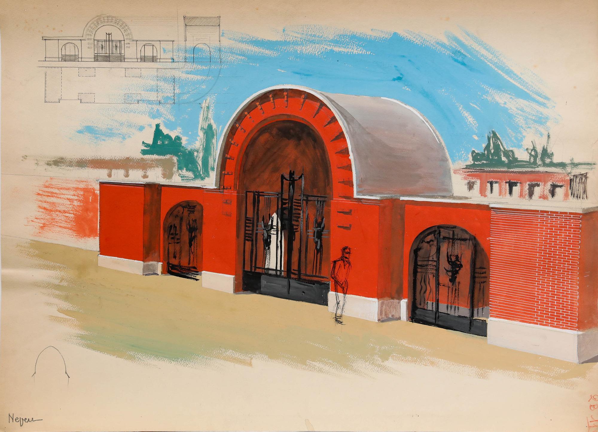 Pierre Neveu (b.1929) - Mid 20th Century Gouache, The Red Arch For Sale 1