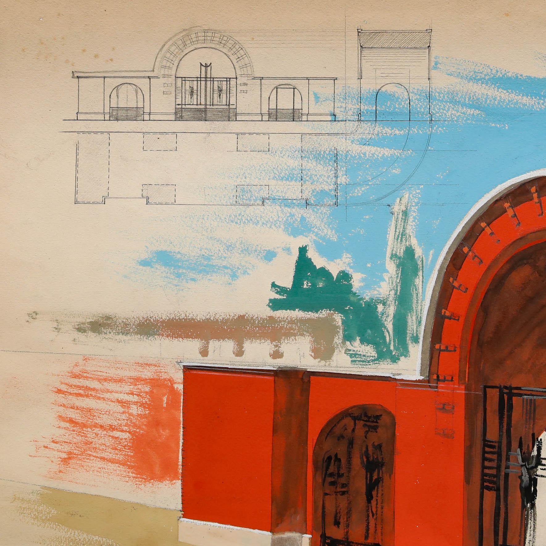 Pierre Neveu (b.1929) - Mid 20th Century Gouache, The Red Arch For Sale 4