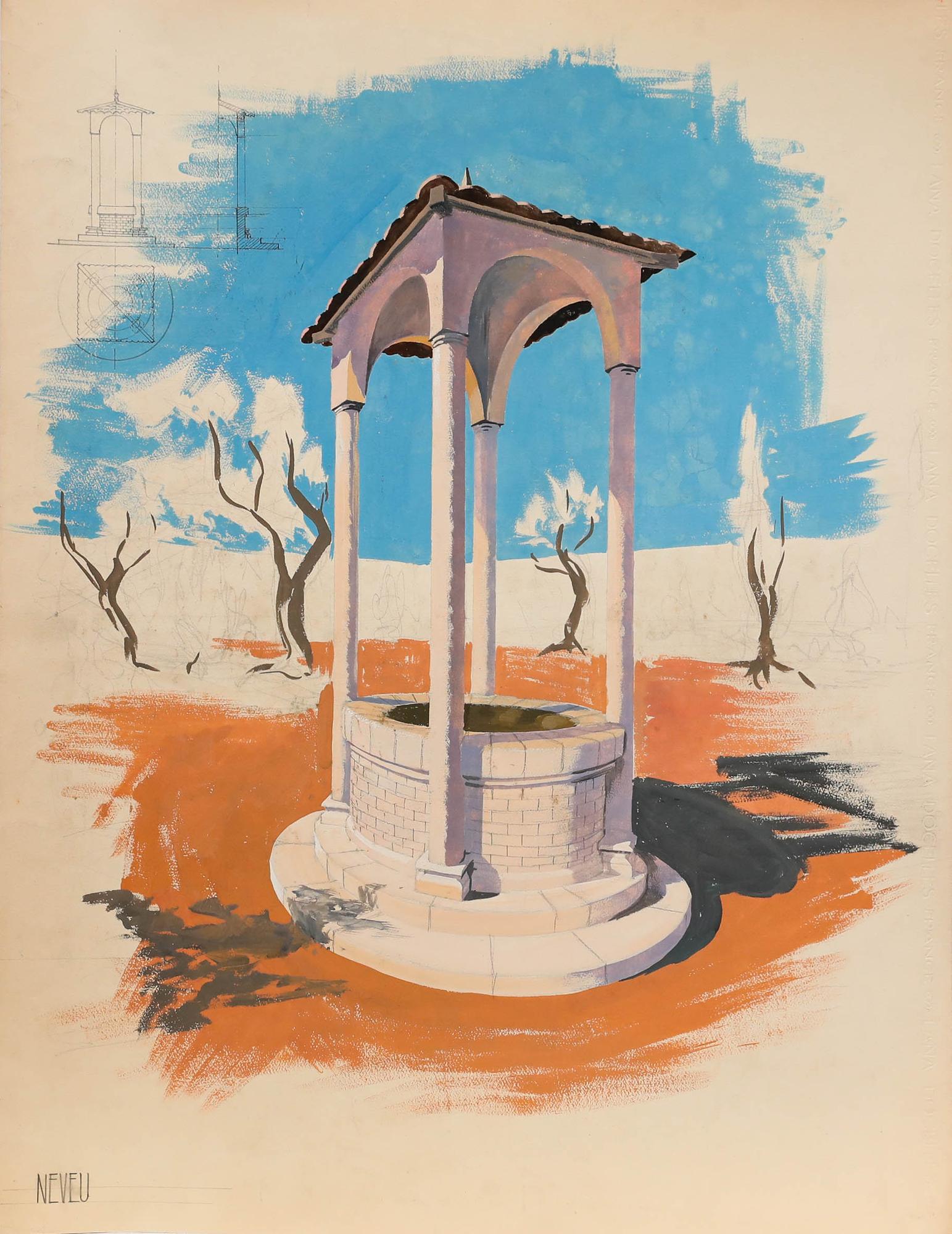 Pierre Neveu (b.1929) - Mid 20th Century Gouache, The Well For Sale 1