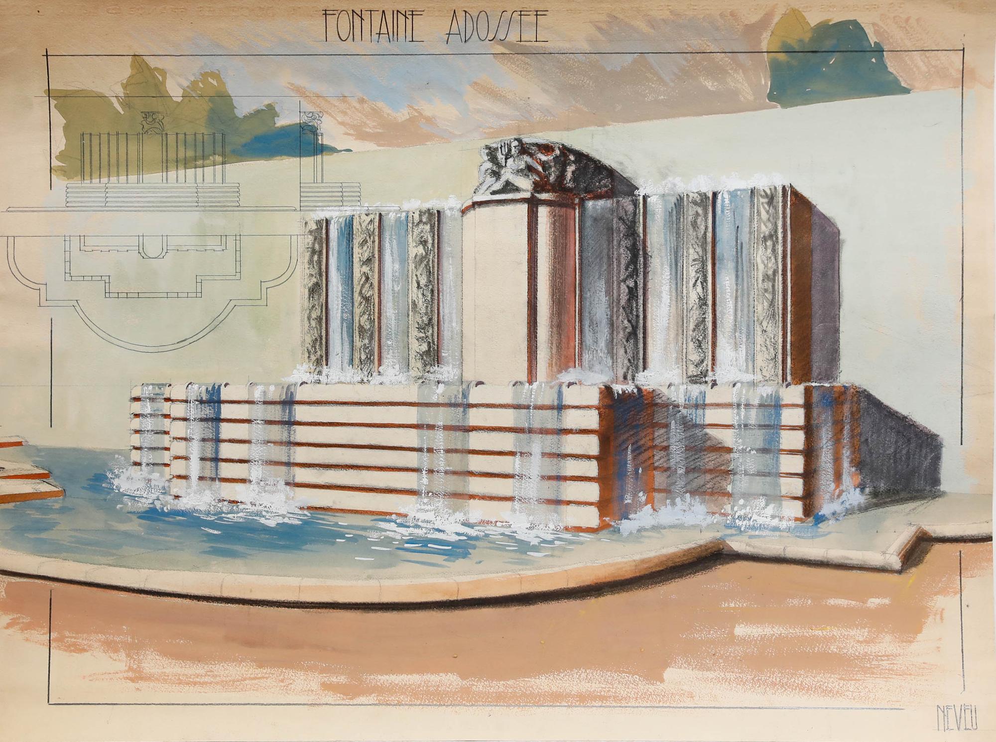 Pierre Neveu (b.1929) - Mid 20th Century Gouache, The Fountain For Sale 1