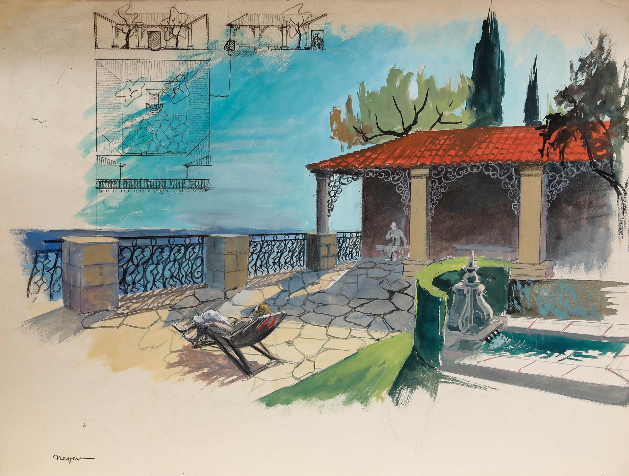 Pierre Neveu (b.1929) - Mid 20th Century Gouache, Rooftop Terrace For Sale 1