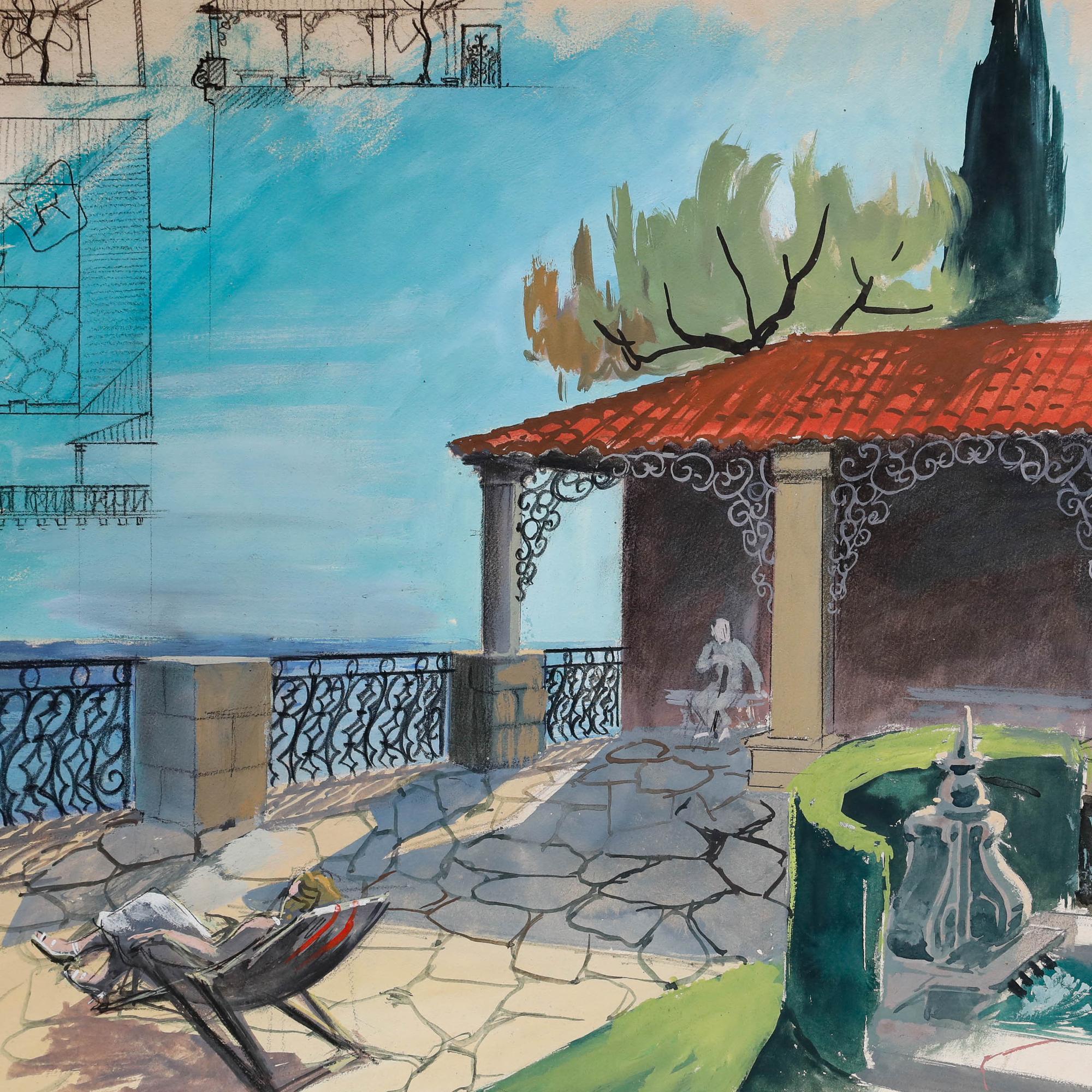 Pierre Neveu (b.1929) - Mid 20th Century Gouache, Rooftop Terrace For Sale 2