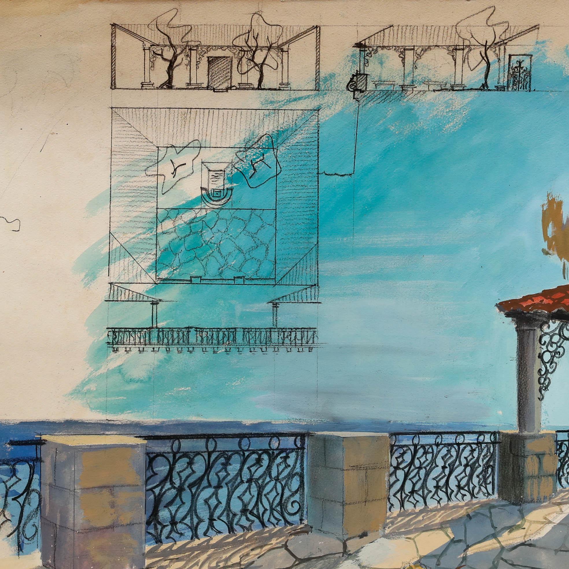Pierre Neveu (b.1929) - Mid 20th Century Gouache, Rooftop Terrace For Sale 3