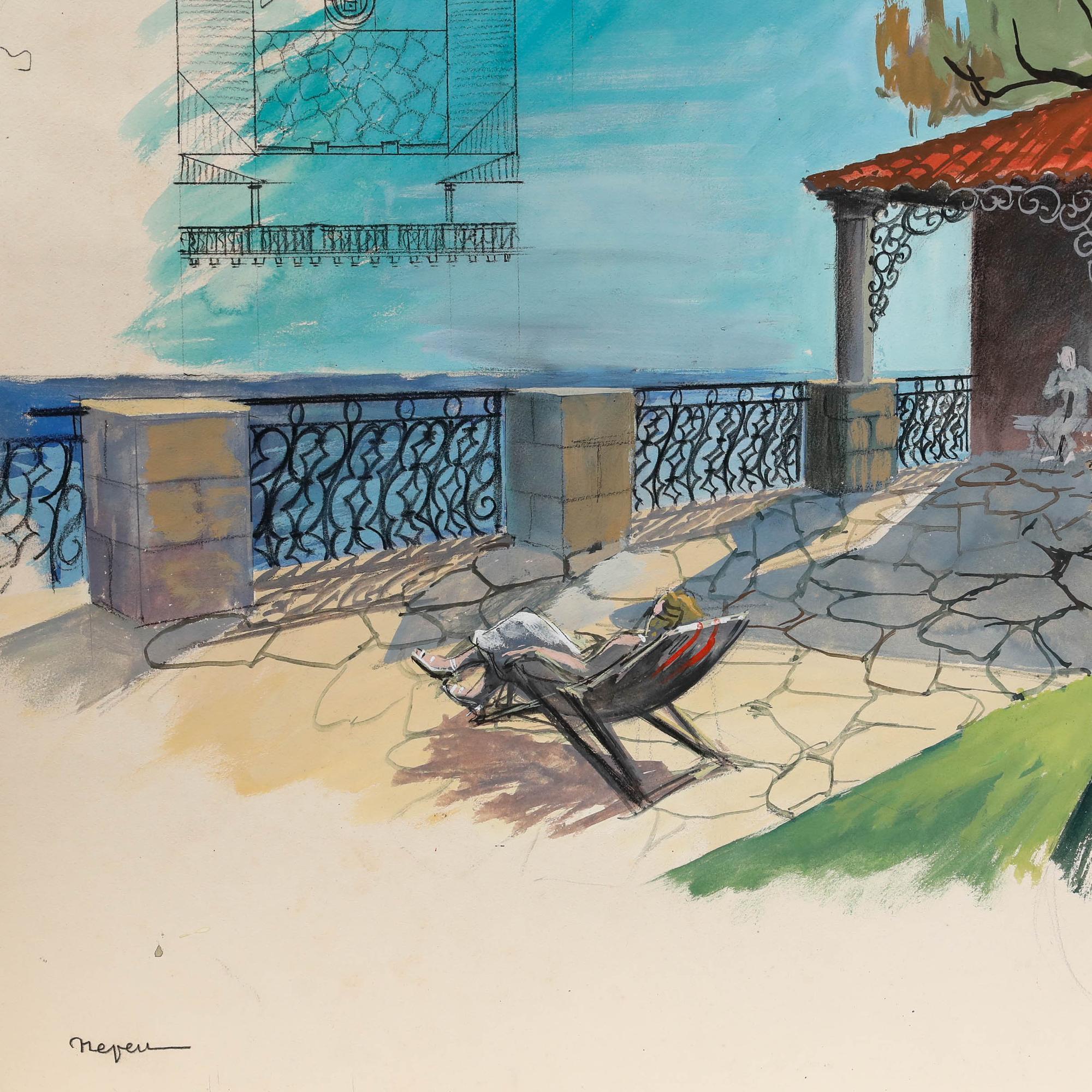 Pierre Neveu (b.1929) - Mid 20th Century Gouache, Rooftop Terrace For Sale 4