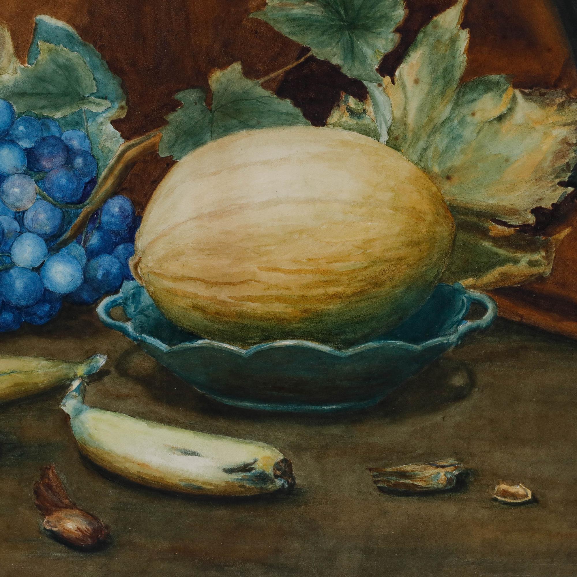 N. Winter - 1900 Watercolour, Grapes and Melon - Black Still-Life by Unknown