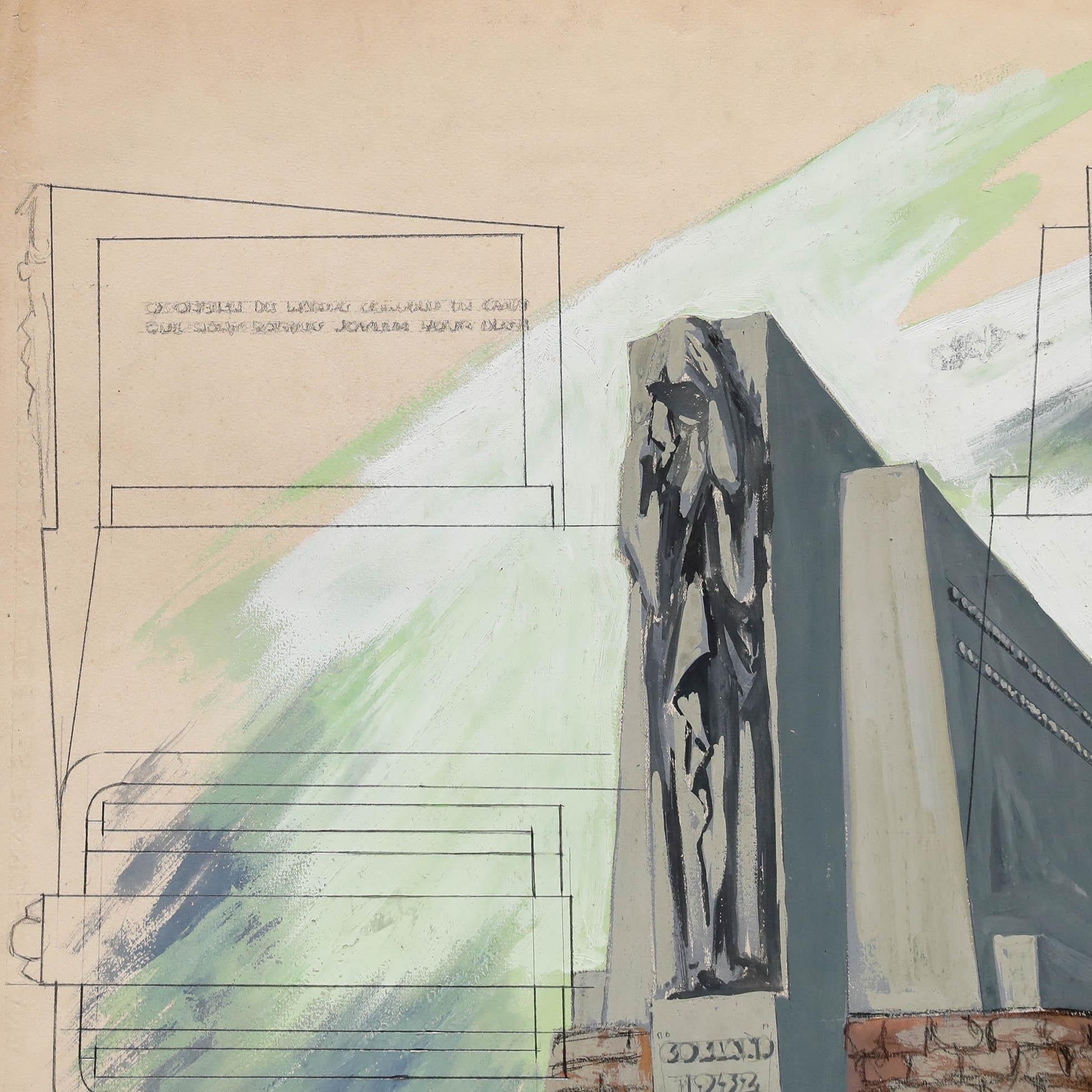 Pierre Neveu (b.1929) - Mid 20th Century Gouache, Monument For Sale 2