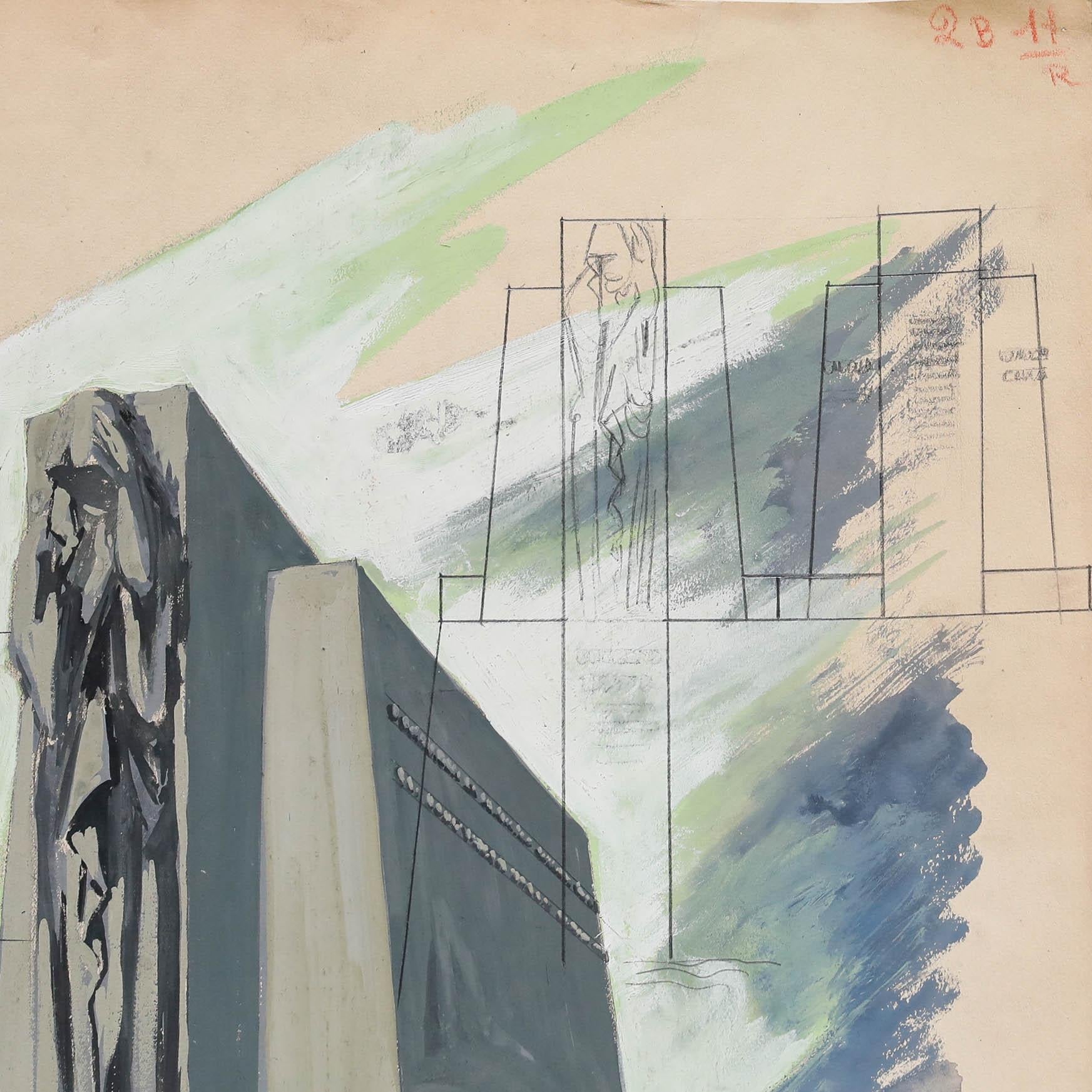 Pierre Neveu (b.1929) - Mid 20th Century Gouache, Monument For Sale 3