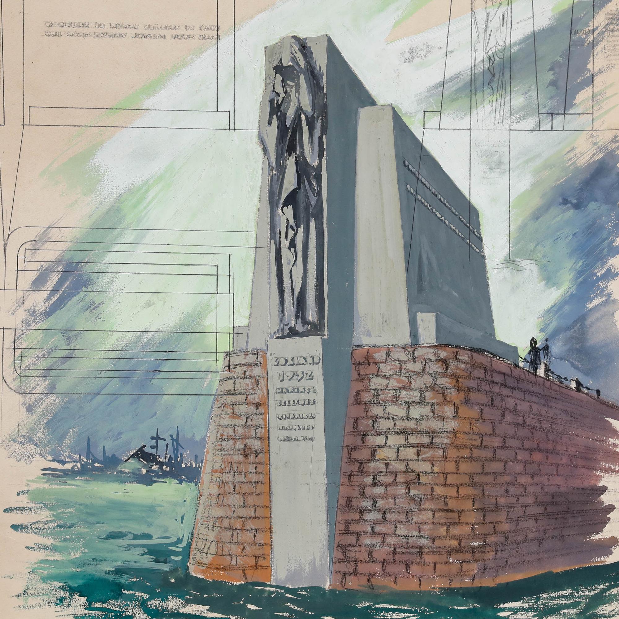 Pierre Neveu (b.1929) - Mid 20th Century Gouache, Monument For Sale 4