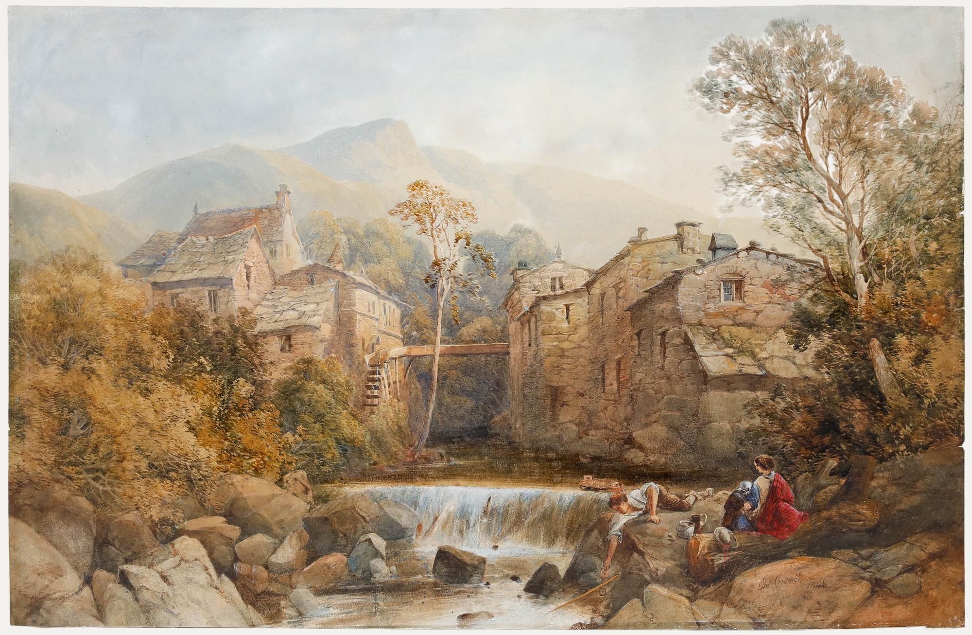 A charming watercolour scene depicting a family fishing in the river running through their village. The man leans towards the water, trying to retrieve the rod that he's dropped. The picturesque village sports a watermill and beautiful mountain