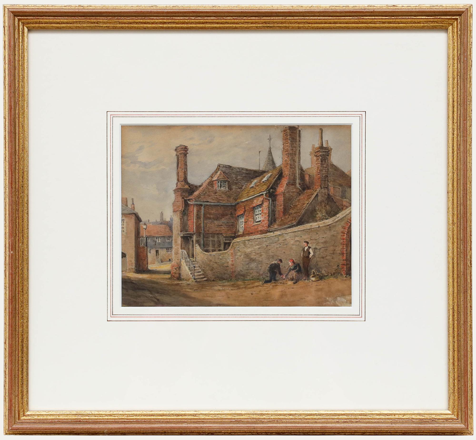 This fine painting of schoolboys playing marbles behind a school building is full of depth and detail, and is a charming depiction of a bygone era. Excellently presented in a wash-line mount and gilt effect frame. Label to the reverse indicates