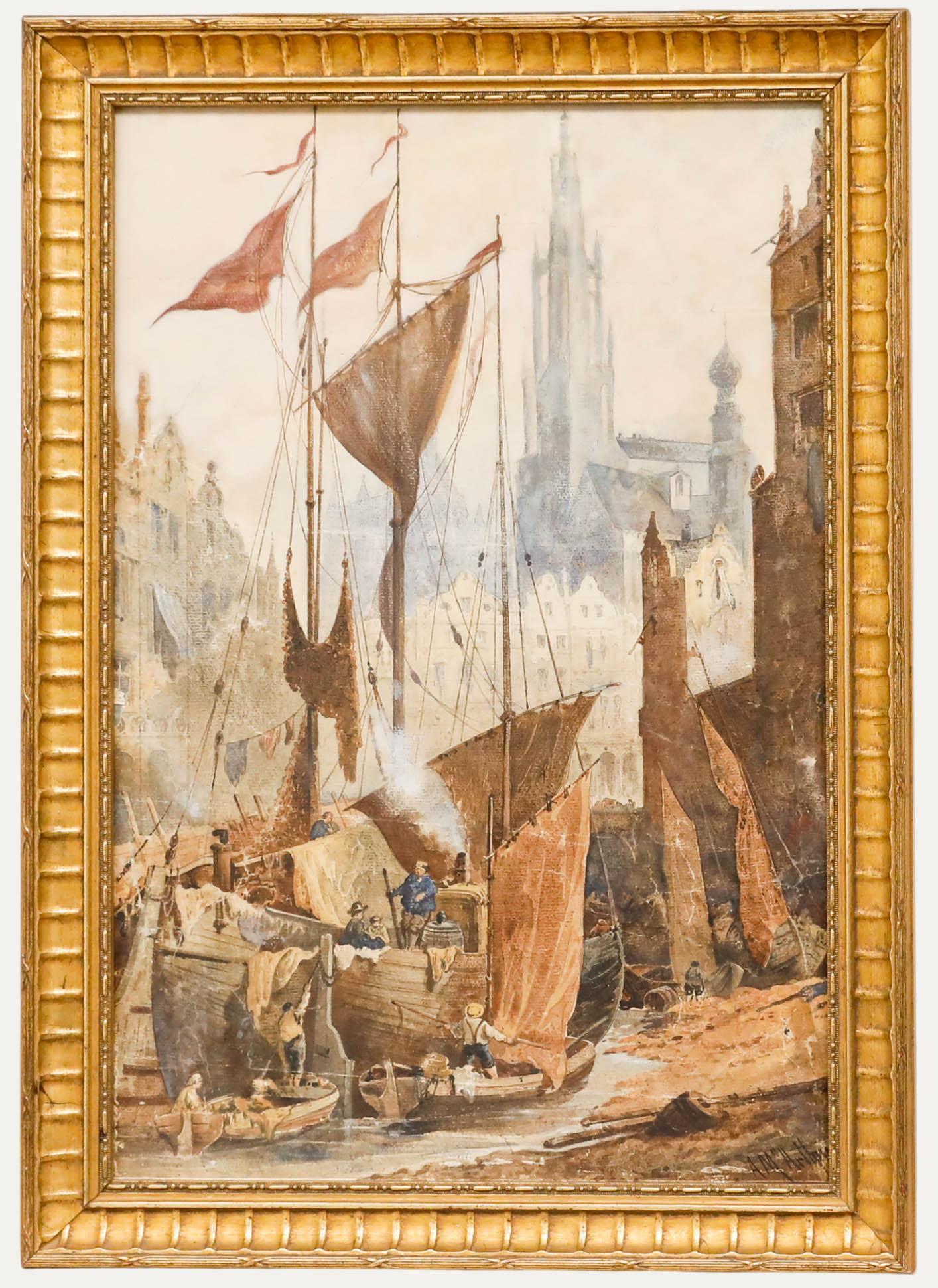 Unknown Figurative Art - Arthur McArthur (1827-1892) - Late 19th Century Watercolour, Busy Harbour Scene