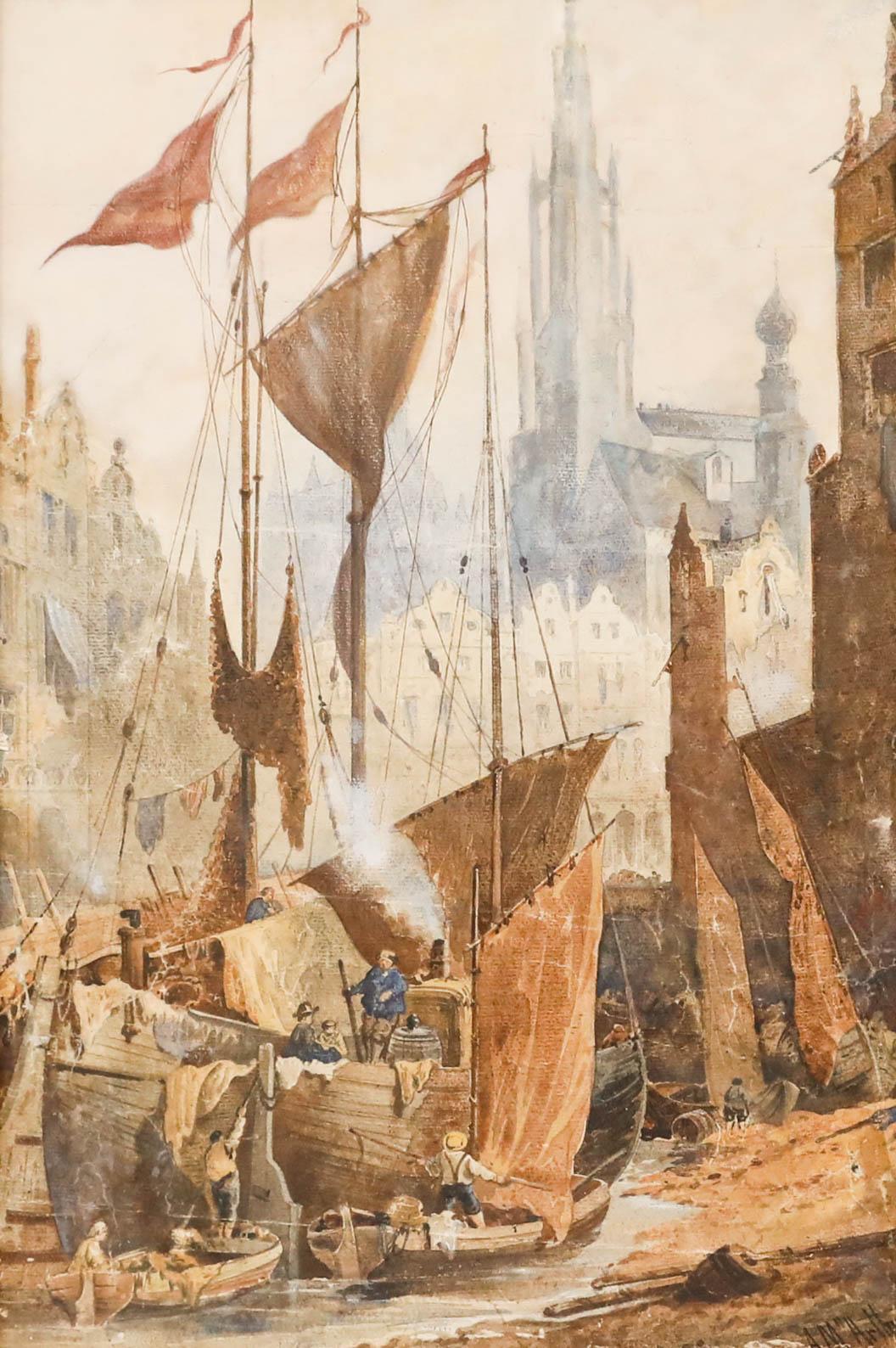 Arthur McArthur (1827-1892) - Late 19th Century Watercolour, Busy Harbour Scene - Brown Figurative Art by Unknown
