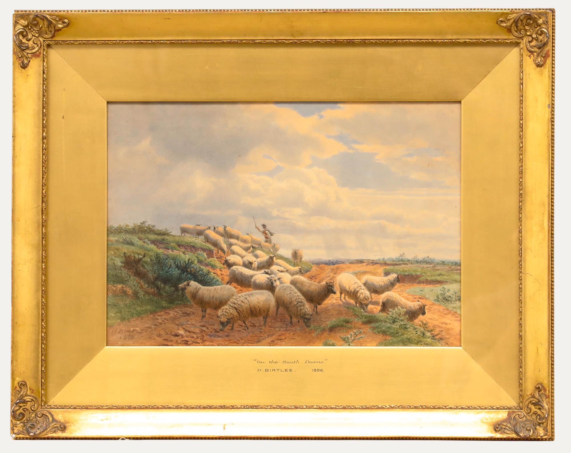 This pastoral landscape depicts a flock of sheep grazing peacefully across rolling countryside under an expansive sky filled with soft, billowing clouds. The composition balances the earthbound subjects in the foreground with the dramatic cloudscape