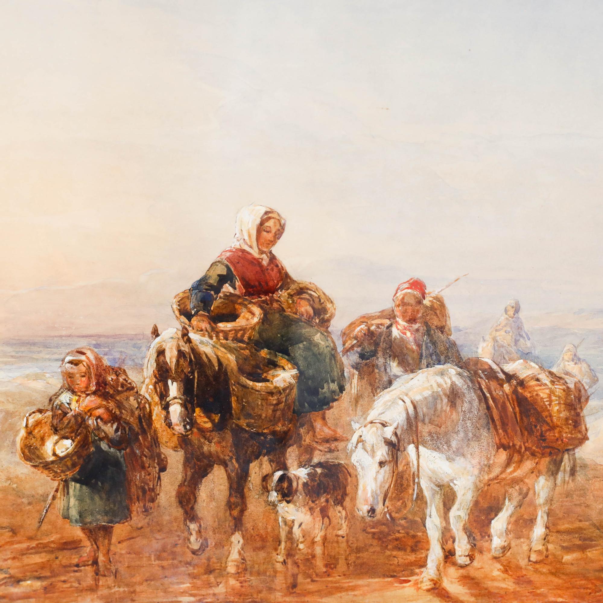 Dieses stimmungsvolle Gemälde zeigt eine Gruppe von Reisenden auf Pferden, die sich vor einem warmen, goldenen Sonnenuntergangshimmel abzeichnen. Die Komposition führt den Blick des Betrachters von den detailliert gezeichneten Figuren im Vordergrund