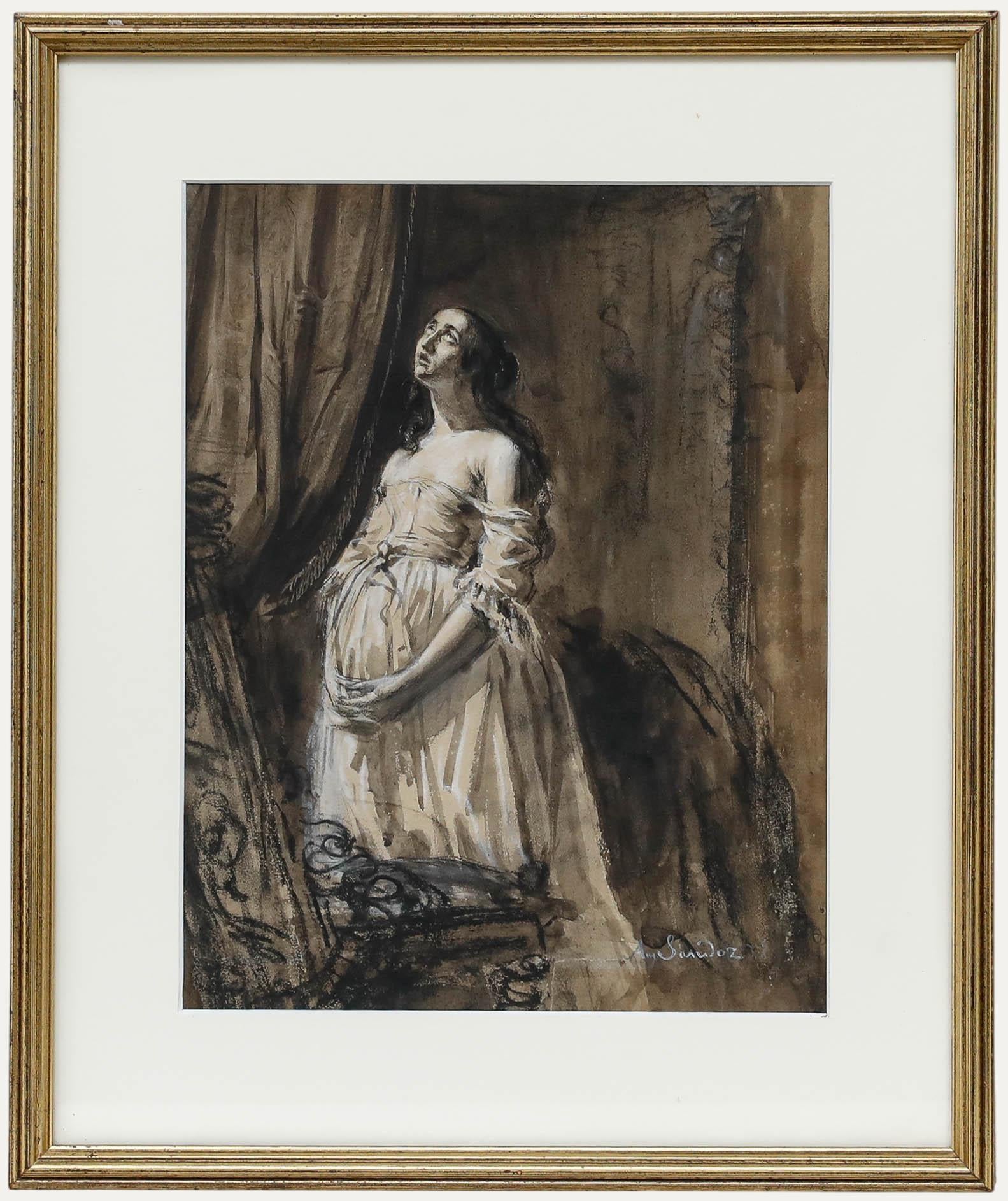 Figurative Art di Unknown - Acquerello della fine del XIX secolo - Sguardo verso il cielo