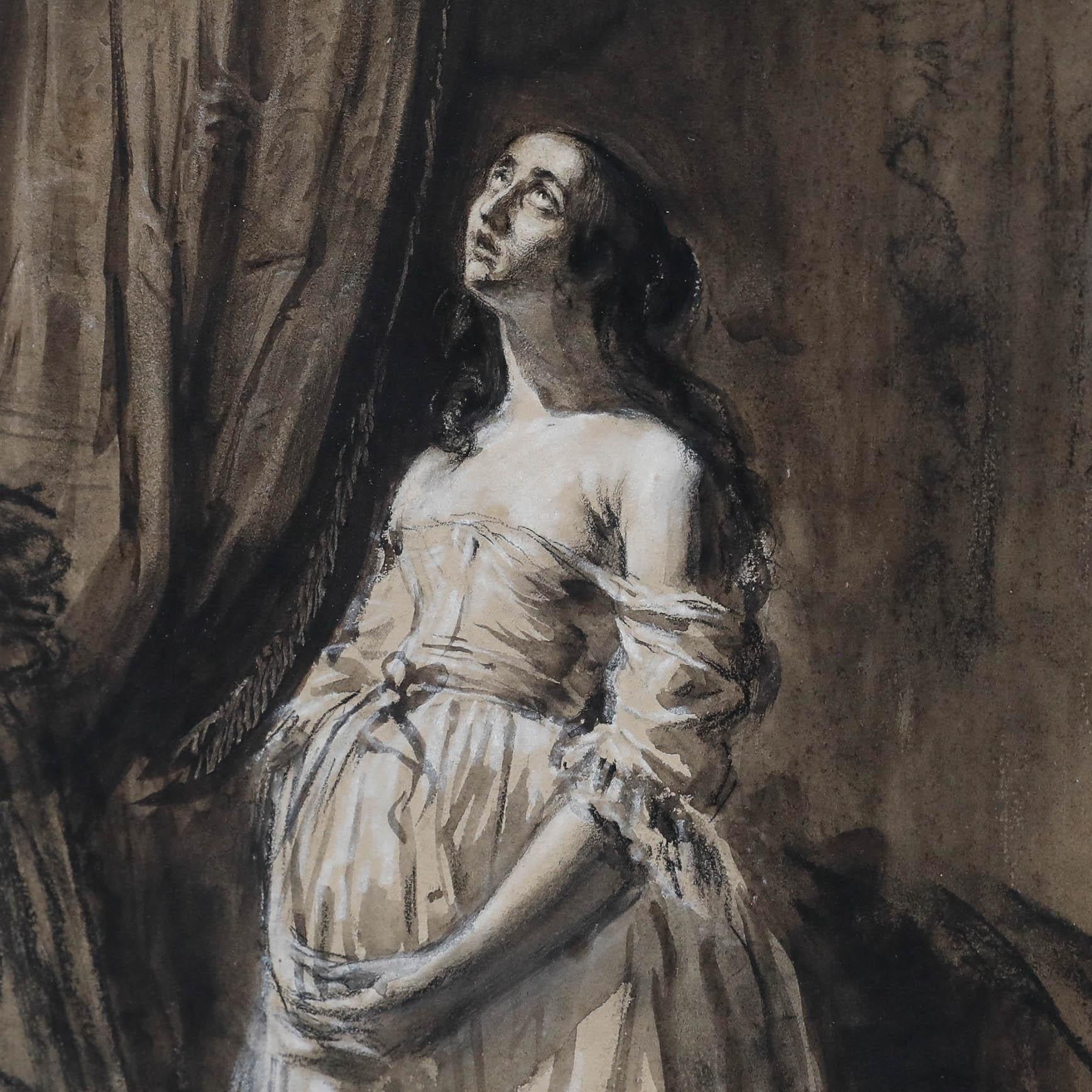 Un'accattivante composizione realizzata ad acquerello con grafite, carboncino e gesso che raffigura una donna incinta che guarda verso il cielo in un interno buio. Firmato 'Aug Sandoz' in basso a destra. Ben presentato in una cornice con effetto