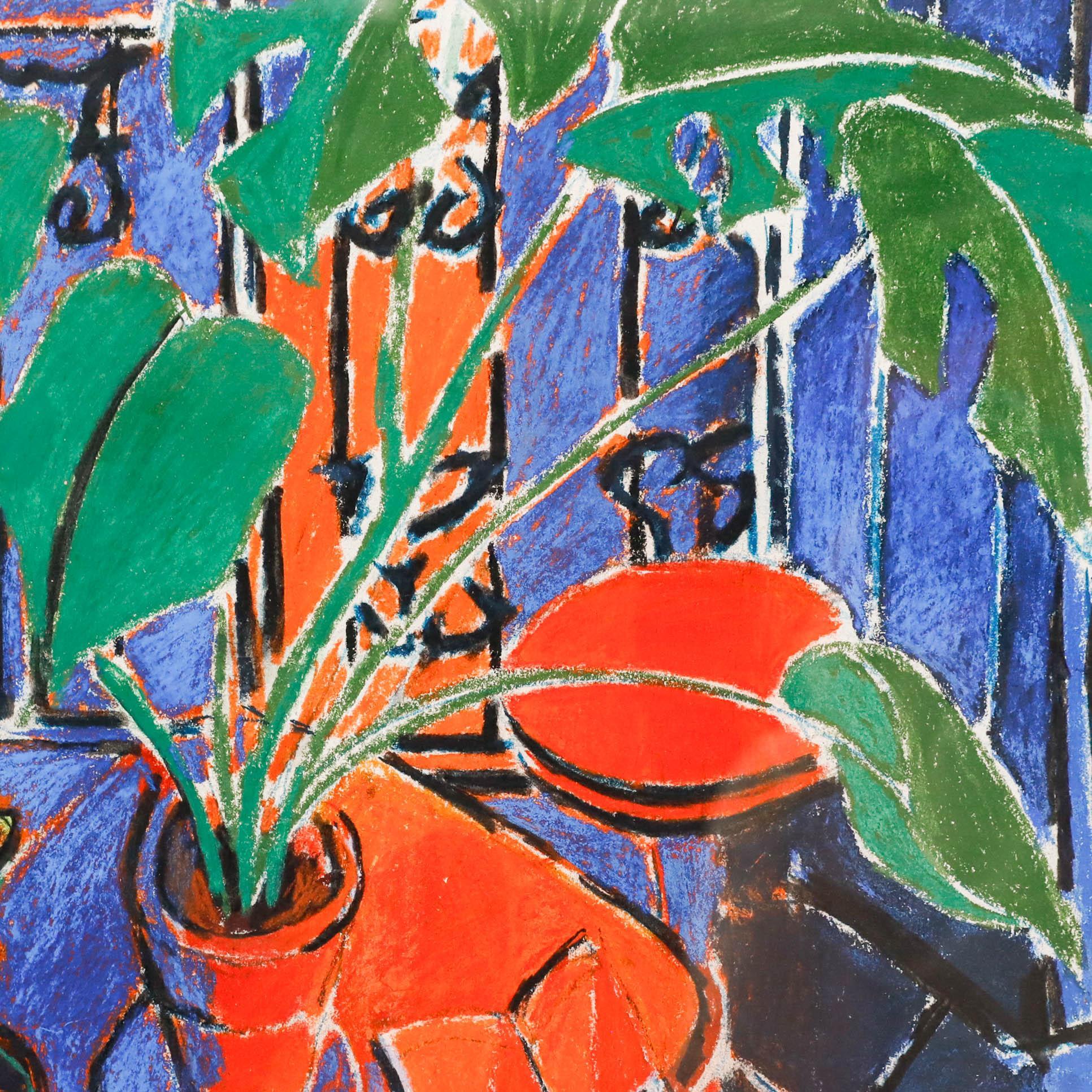 A vibrant contemporary still life depicting a potted monstera placed on a table, accompanied by a small book. Rendered in bold linework and a striking palette of blue, green, and orange, the composition exudes energy and contemporary charm. Signed