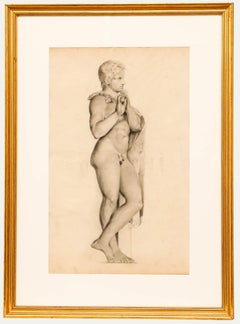 Dibujo al grafito del siglo XIX - Joven sátiro tocando la flauta