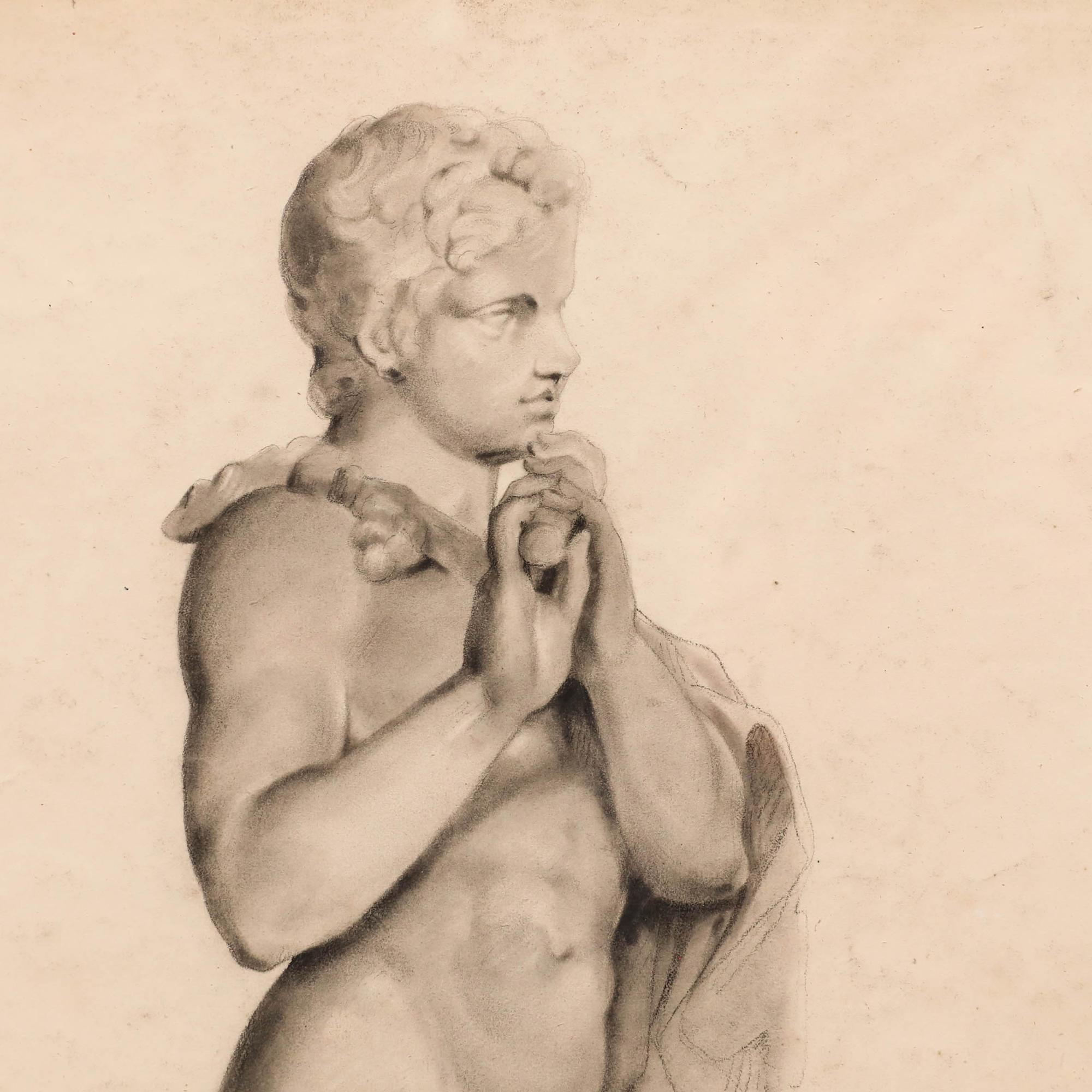 Bleistiftstudie eines jungen nackten Satyrs, der Flöte spielt. Er lehnt an einem Baum, der mit einem Tierfell bespannt ist. Dieser ikonografische Typus findet sich in zahlreichen Exemplaren; die vorliegende Skizze ähnelt jedoch am ehesten dem
