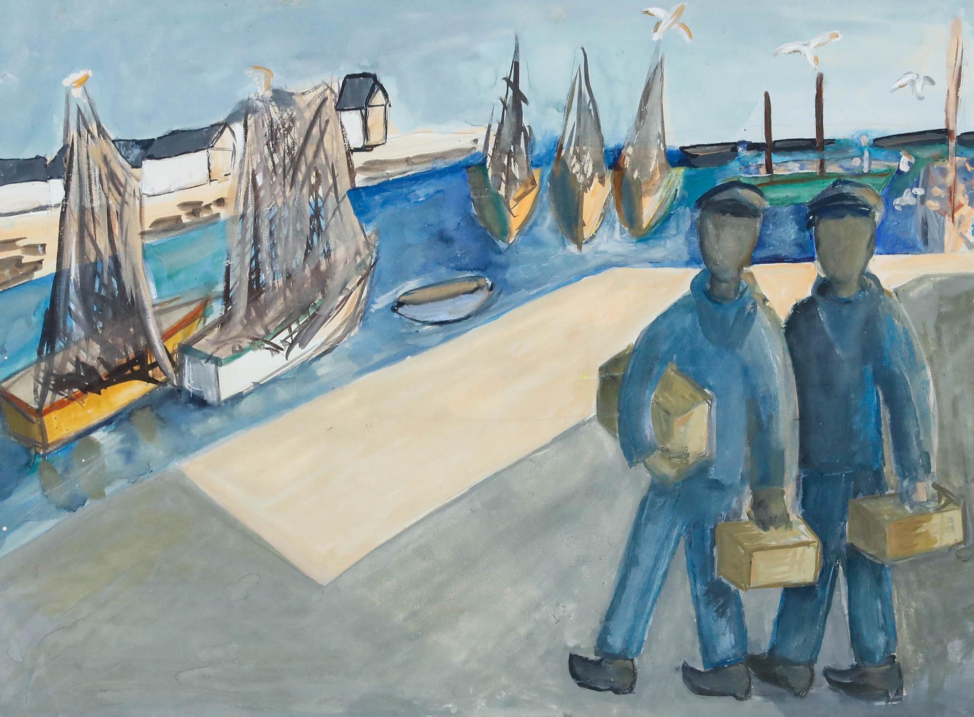 Gerahmte Gouache des 20. Jahrhunderts - Tag an den Docks – Art von Unknown