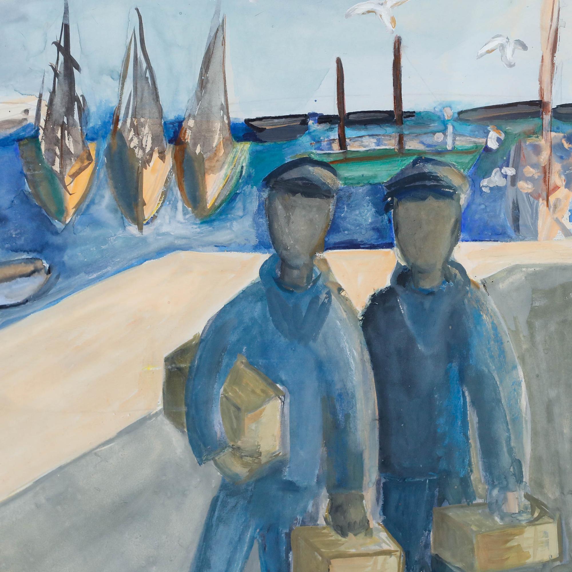 Day On the Docks, Modernist School, Gouache auf Papier. Links unten signiert 'De Vran'. Gut präsentiert in einem bemalten Holzrahmen.