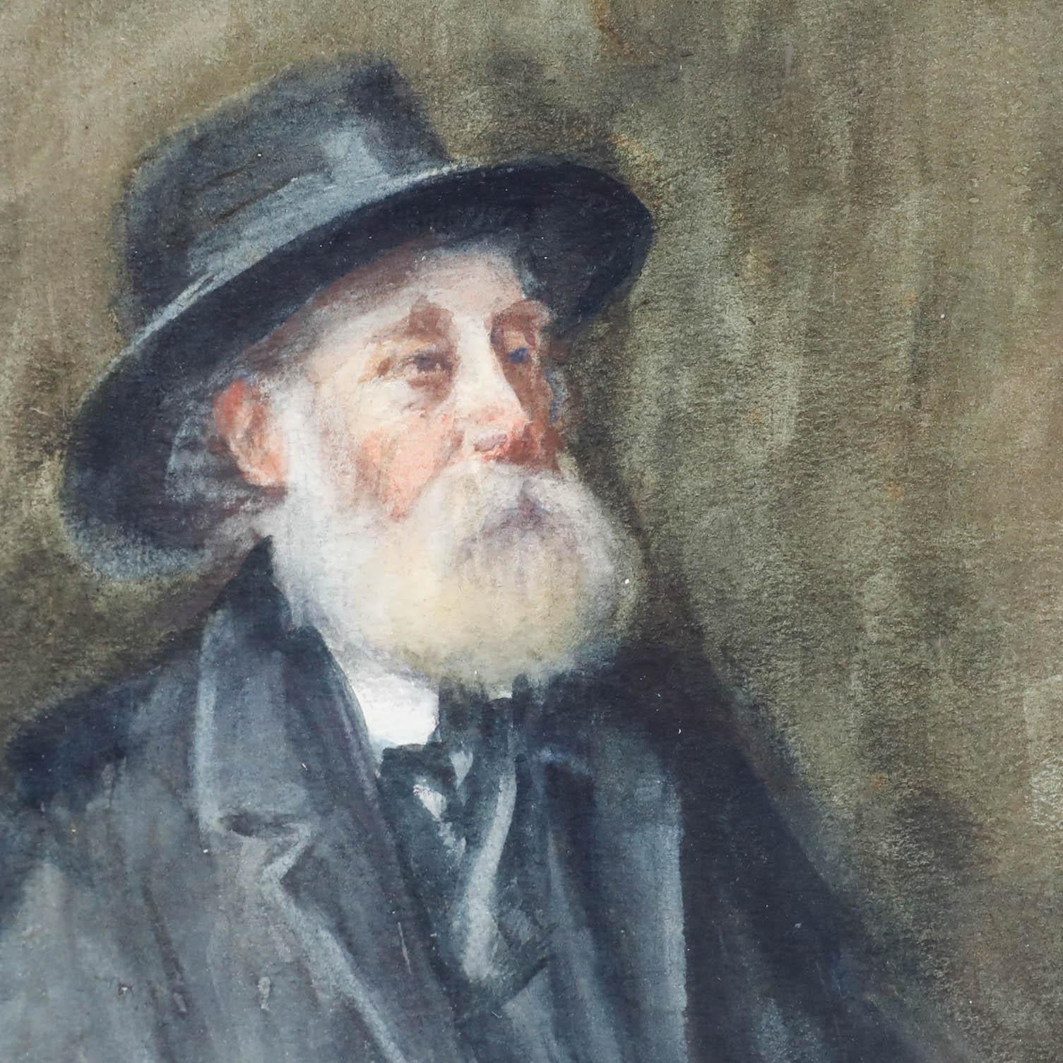 Este retrato representa a un distinguido caballero elegantemente ataviado con traje y sombrero negros, que sostiene un bastón. Firmado 