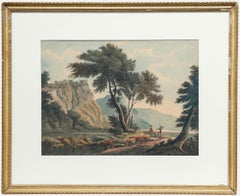 Gerahmtes Aquarell aus dem 19. Jahrhundert - Hüten von Rindern unter der Burgruine