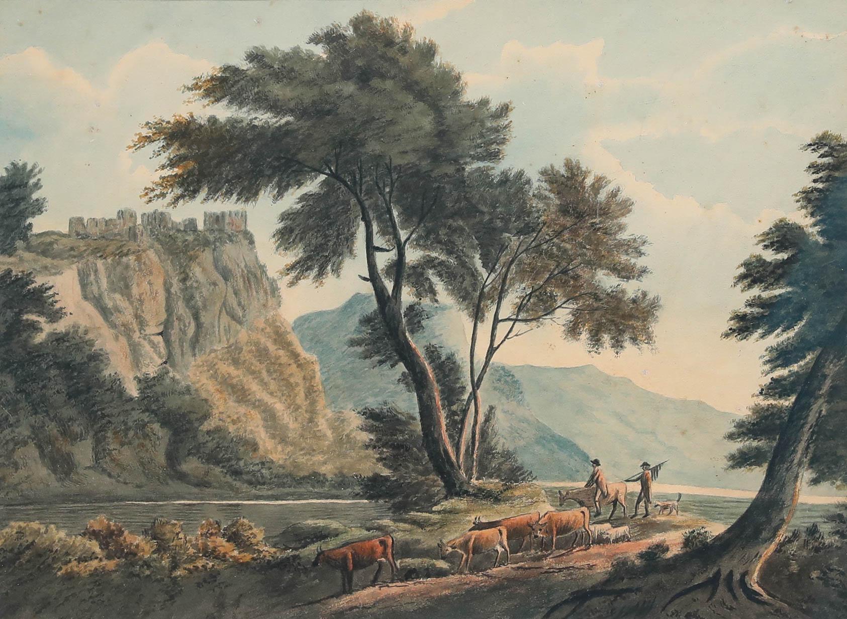 Aquarelle encadrée du 19e siècle - Bétail sous les ruines du château - Art de Unknown