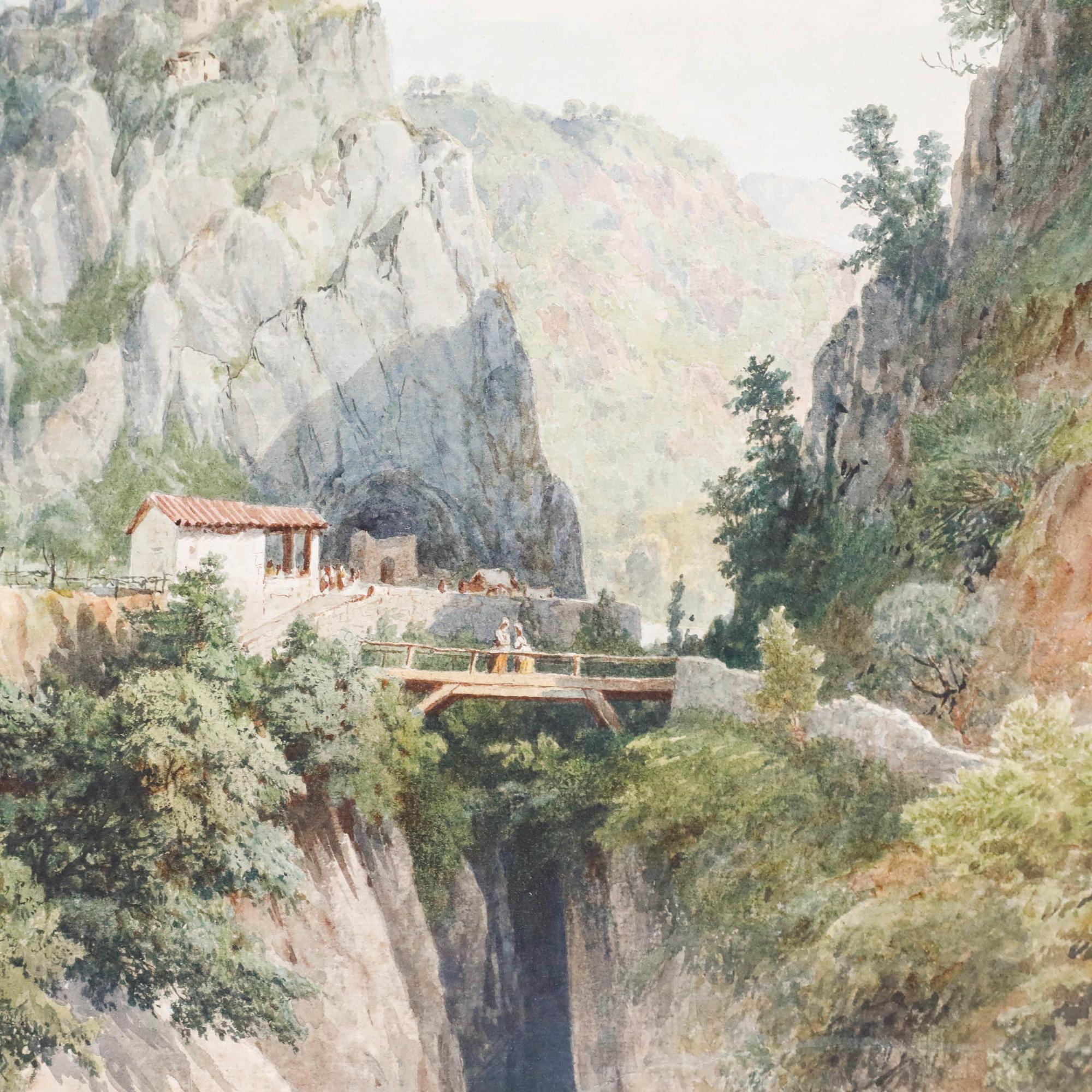 Dos damas están de pie sobre un puente de madera, empequeñecidas por el dramático paisaje que las rodea y el vasto barranco que hay debajo. La escena está representada con pinceladas finamente detalladas. Bien presentado en un marco de madera