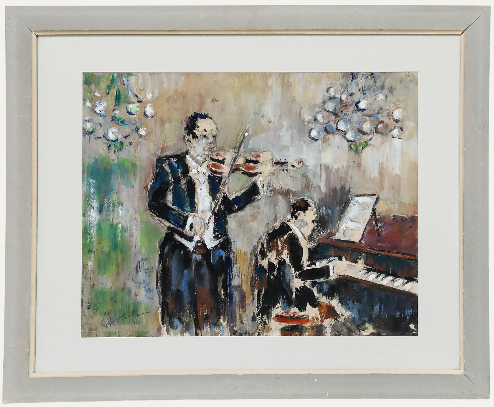 Figurative Art Unknown - Gouache encadrée du 20e siècle - Le concert
