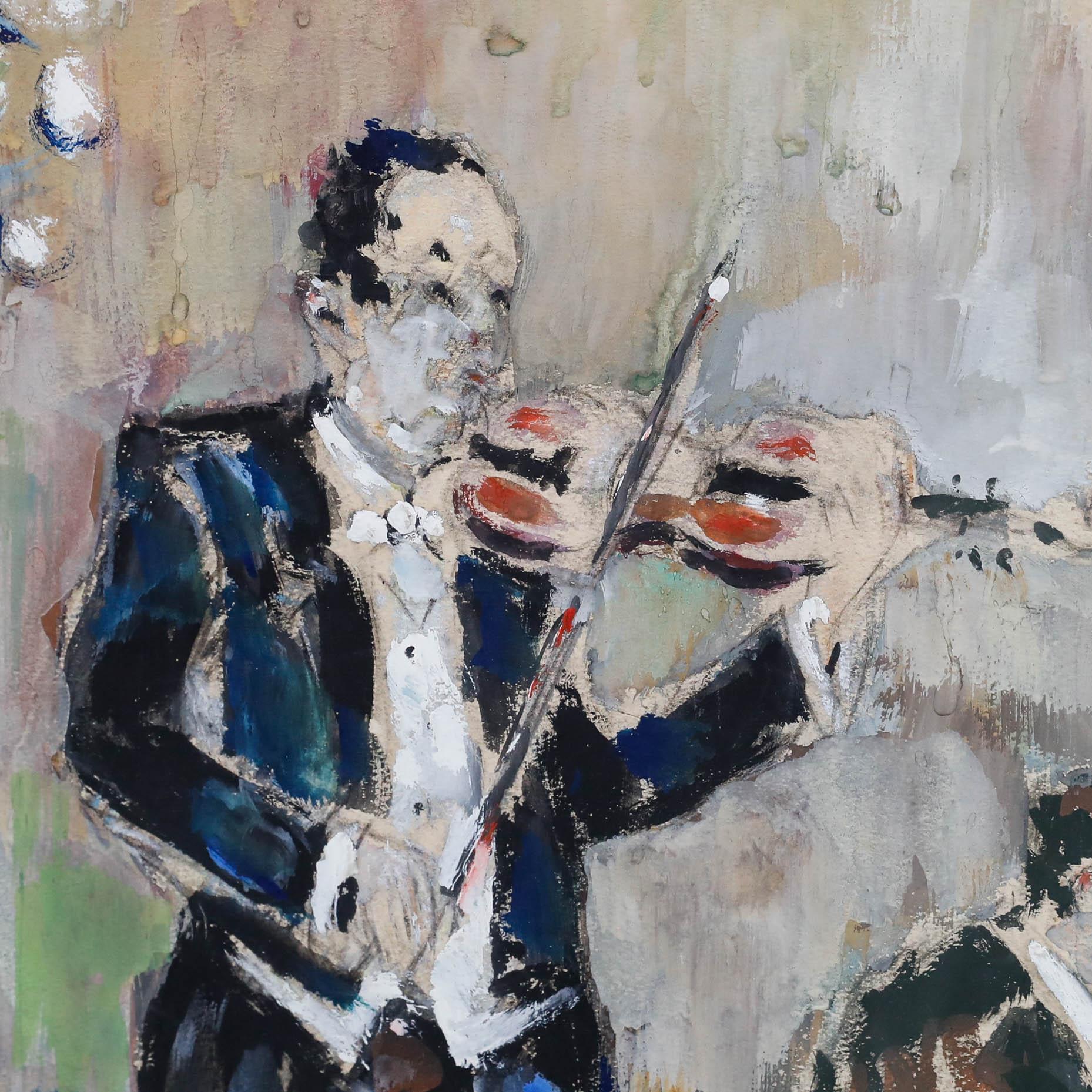 Le concert, gouache sur papier. Signature illisible en bas à gauche. Monté dans un cadre en bois peint, derrière une vitre.