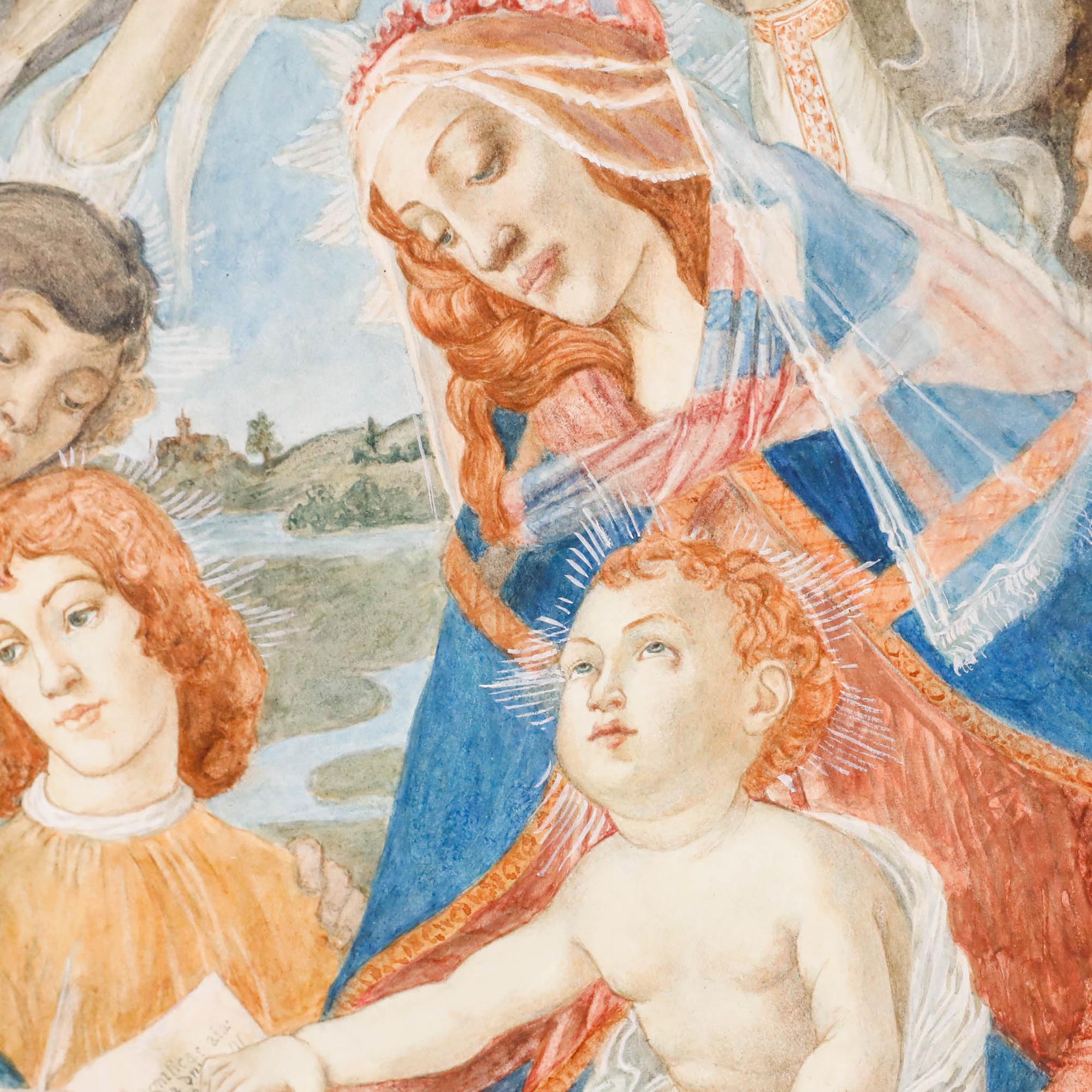 Un delizioso acquerello del 20° secolo, ispirato a Botticelli, che raffigura la Vergine Maria e il Bambino Gesù circondati da angeli. L'artista ha rifinito l'opera con una pennellata meticolosa e un'eccezionale precisione tonale. Senza segno.